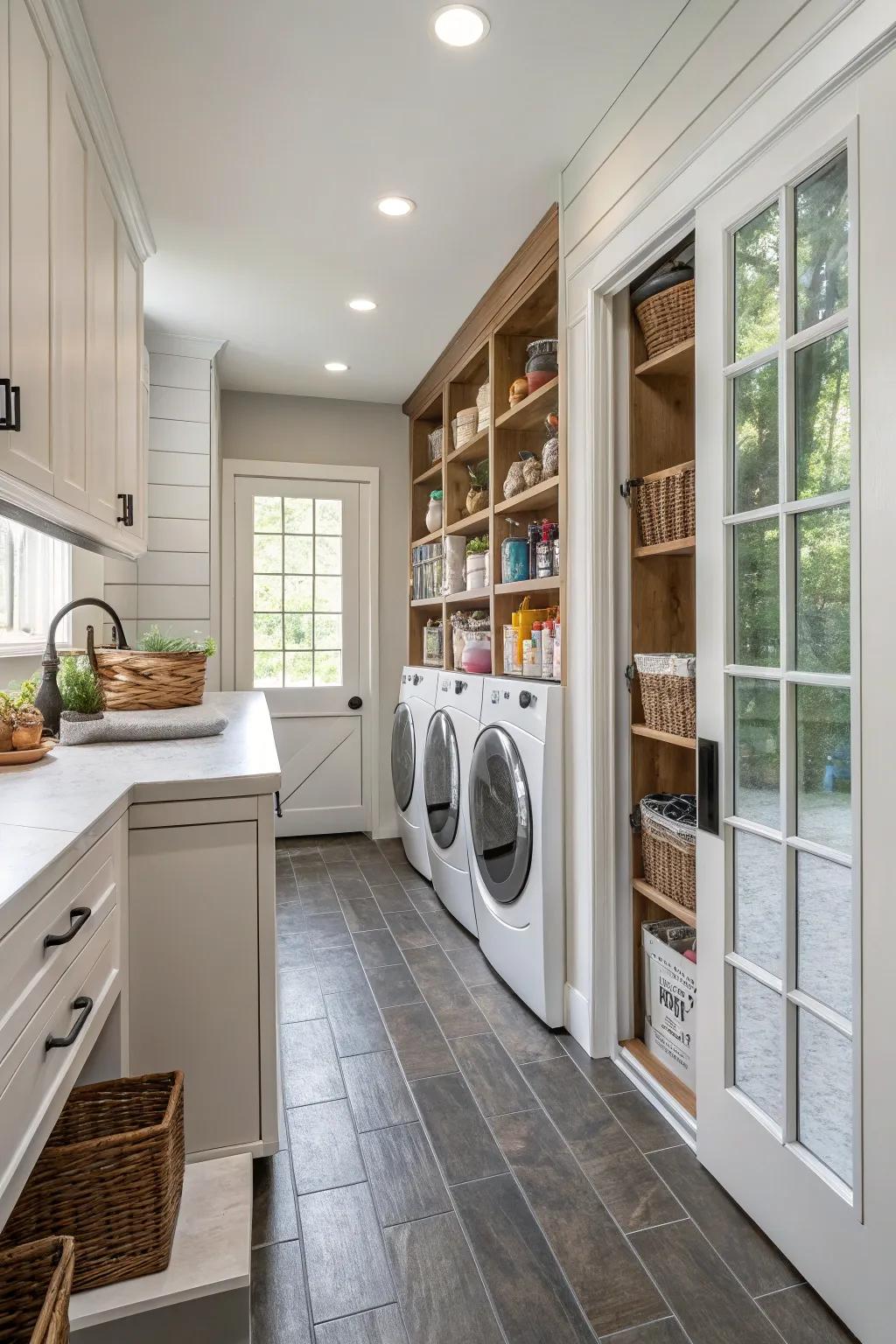 Distinct zones in a combined walk-in pantry and laundry room using varied flooring.