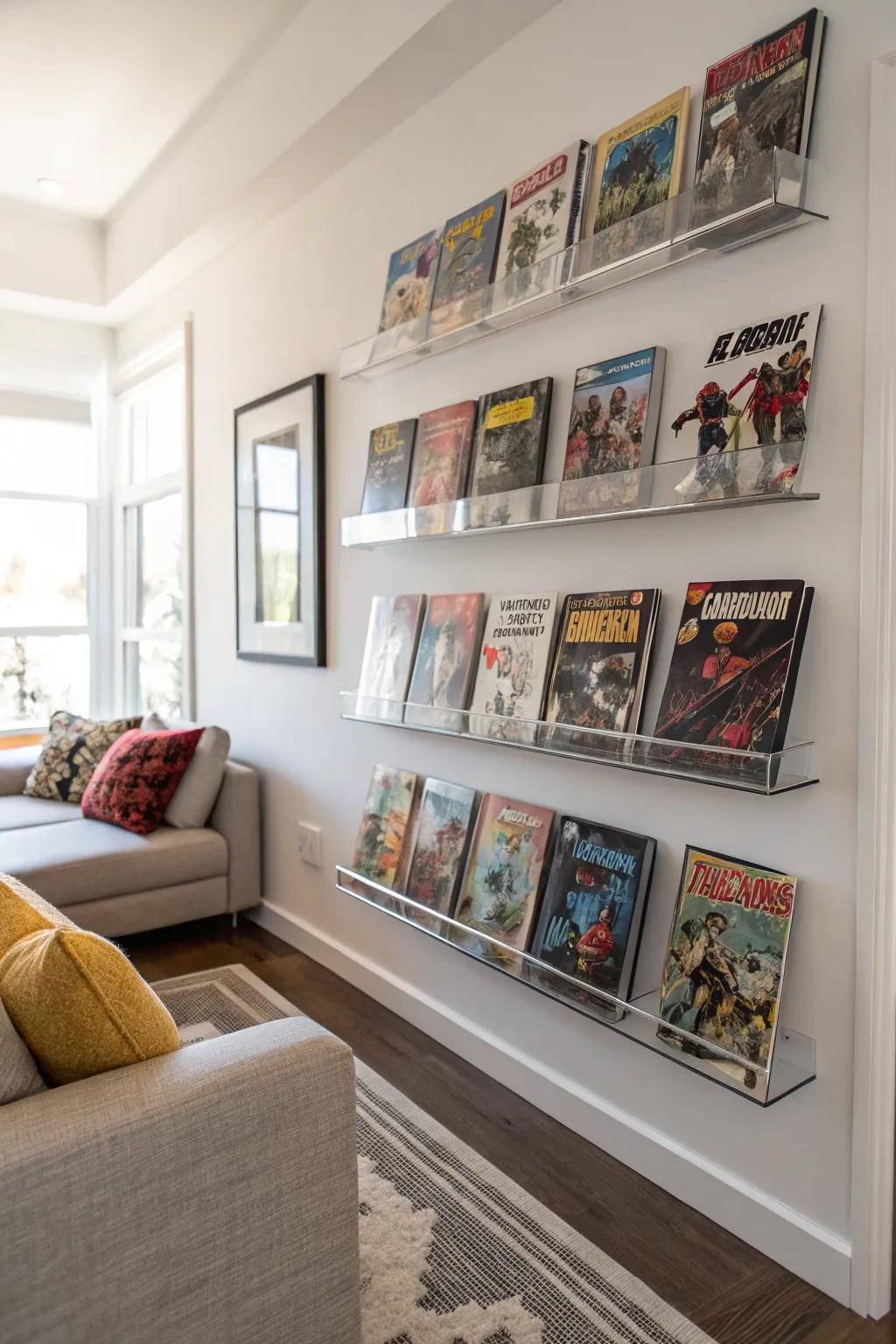 Wall-mounted shelves turn your comic collection into an art display.