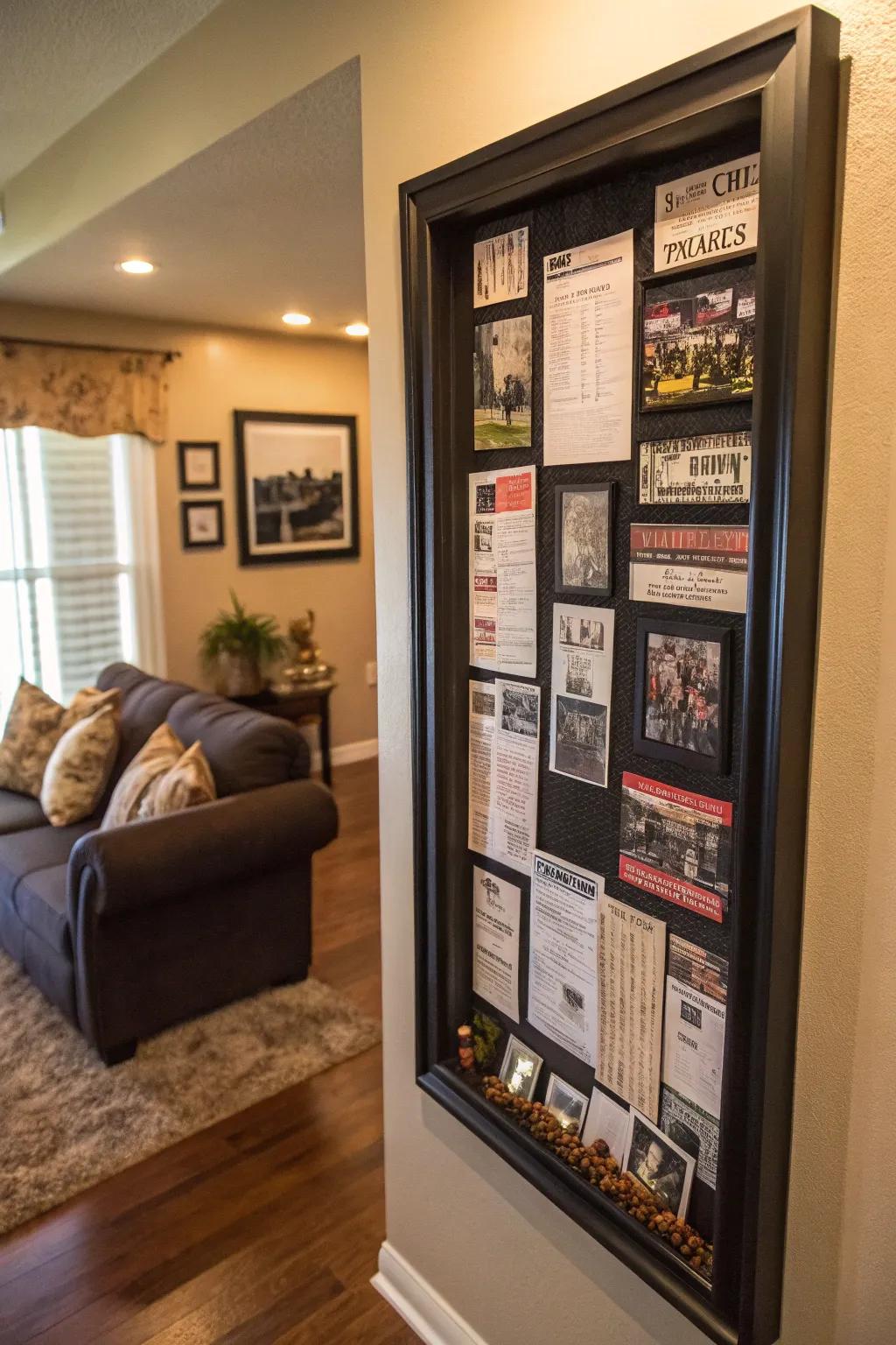 A shadow box filled with concert tickets and memorabilia.