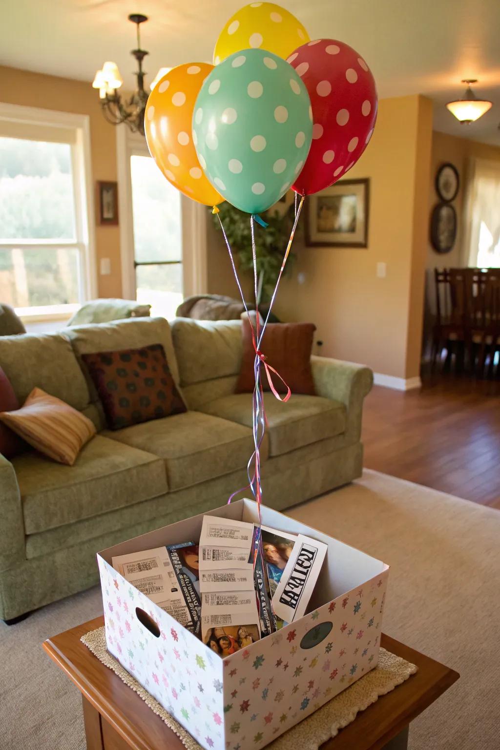 A floating surprise with concert tickets attached to a helium balloon.