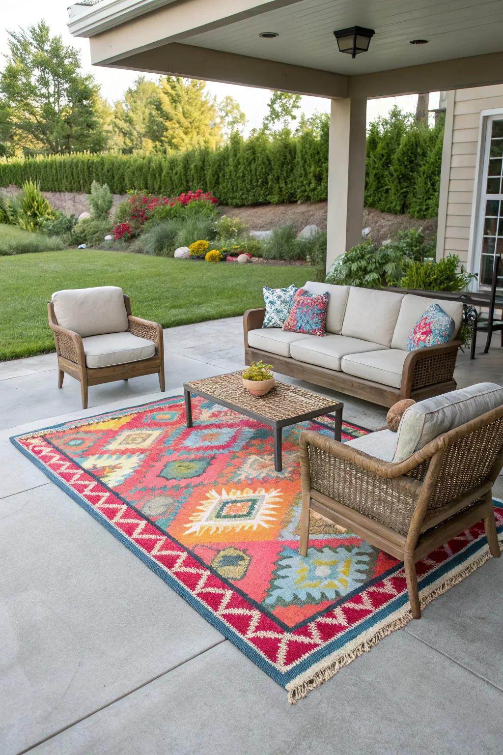 A colorful outdoor rug can instantly breathe life into a concrete patio.