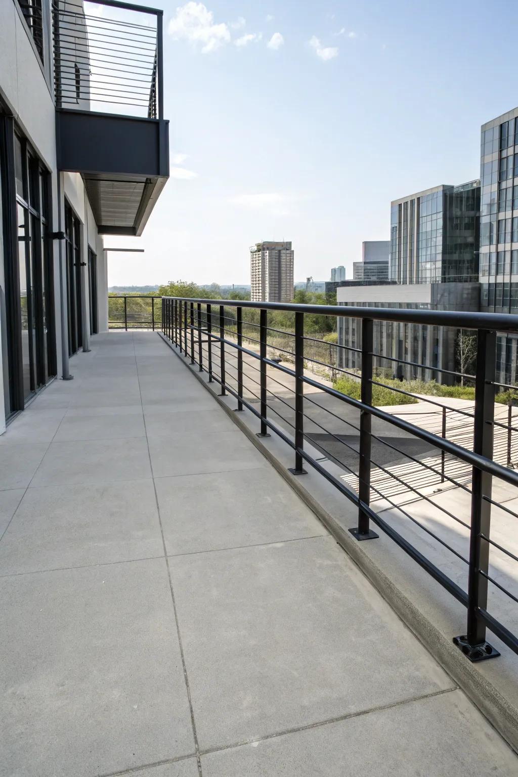 Minimalist metal and concrete railings create a chic, durable patio.