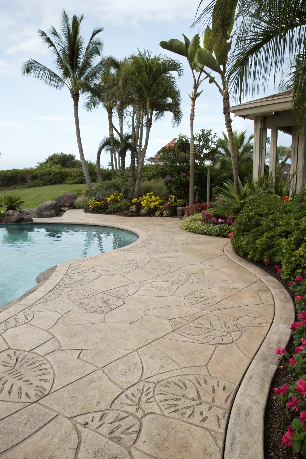 Stamped concrete patterns add texture and elegance to your pool deck.