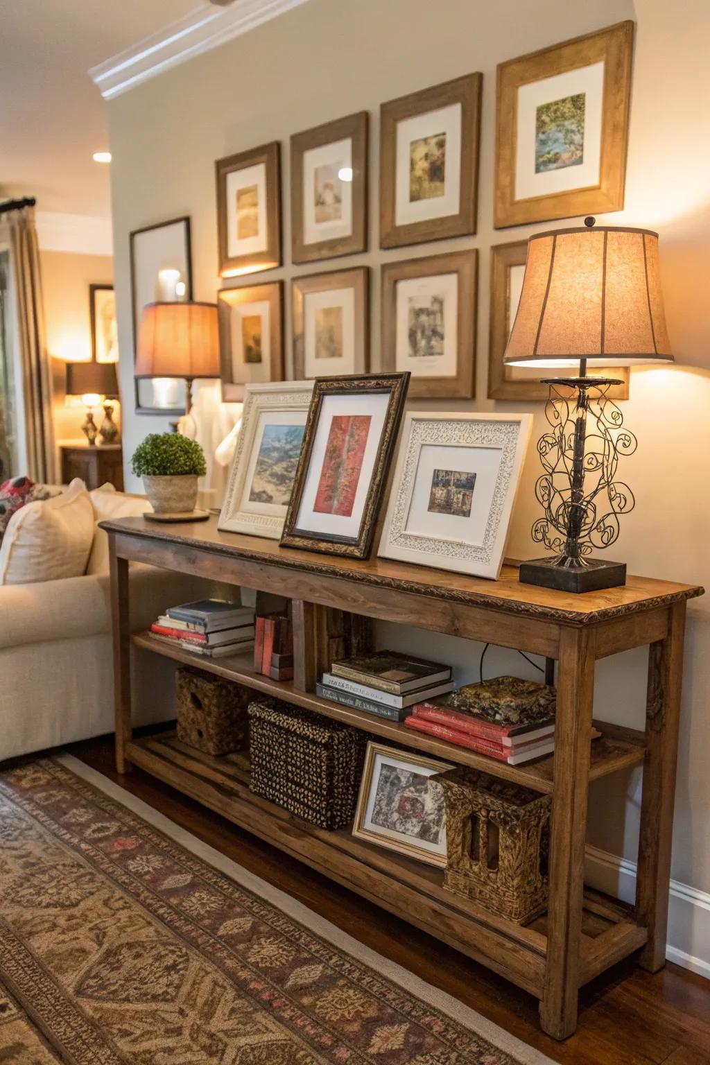 A layered artwork display on a console table.