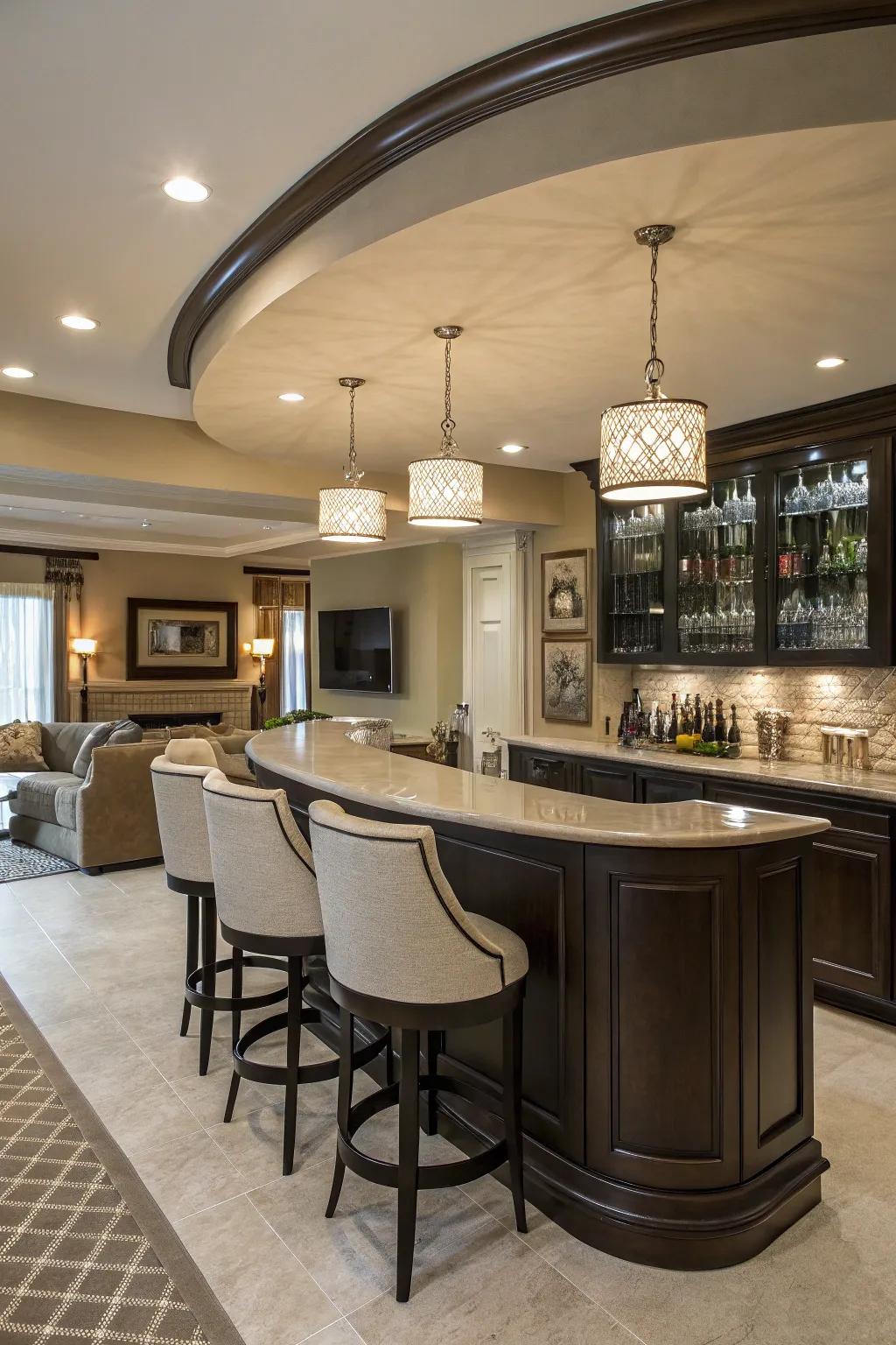 A home bar with a chic curved counter enhancing the room's flow.