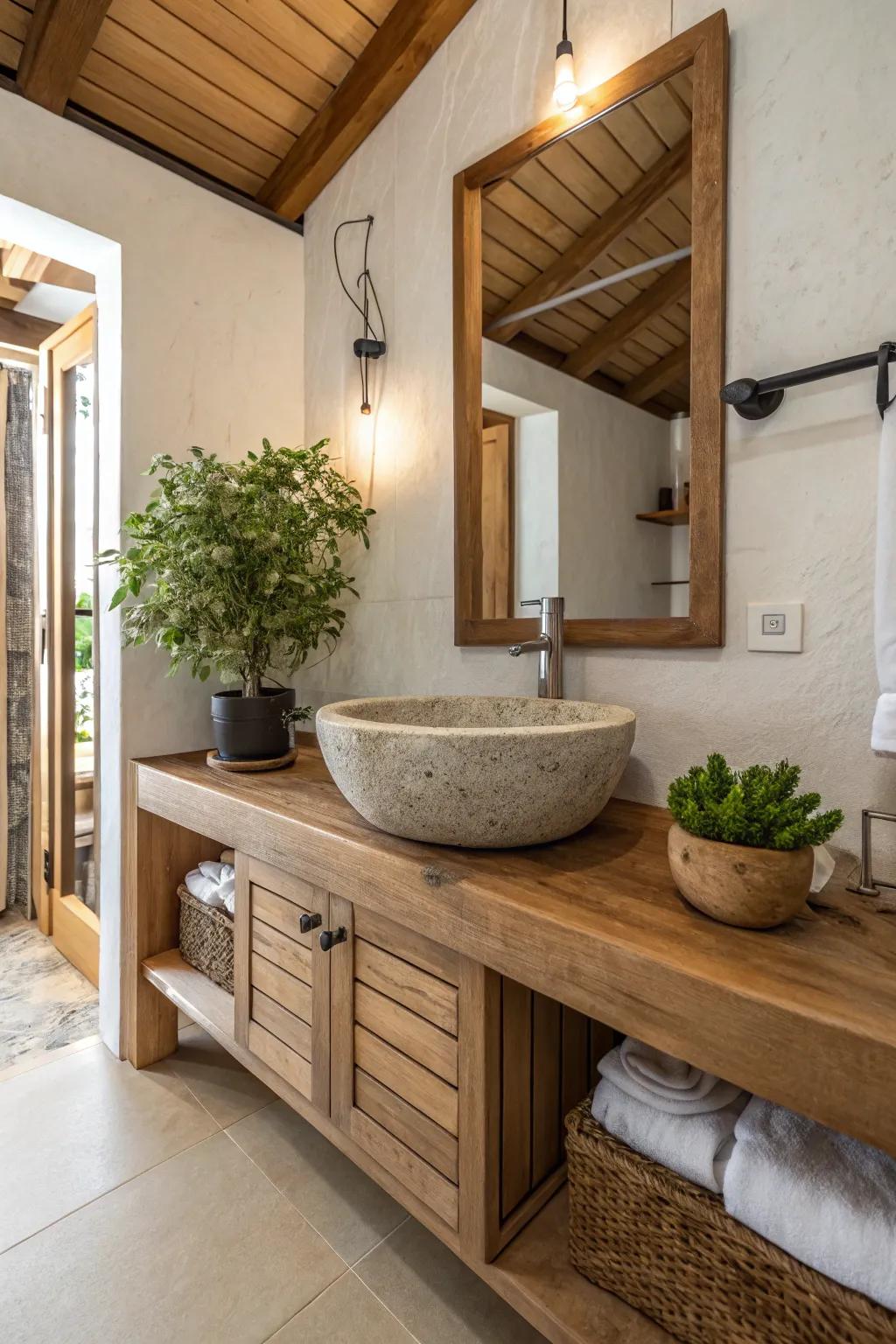 A bathroom featuring natural wood accents and a stone basin.