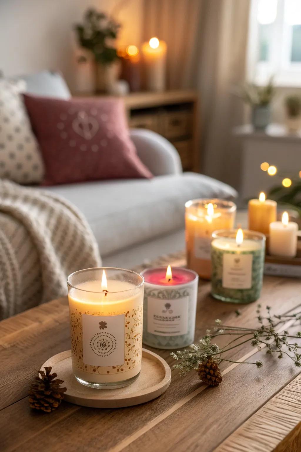 Personalized scented candles with custom labels in a cozy home setting.