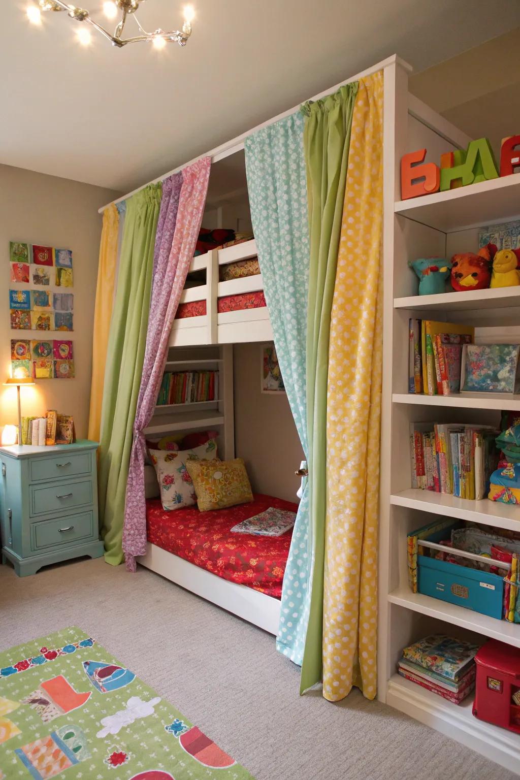 Bunk beds with curtains provide a cozy retreat and a sense of adventure.