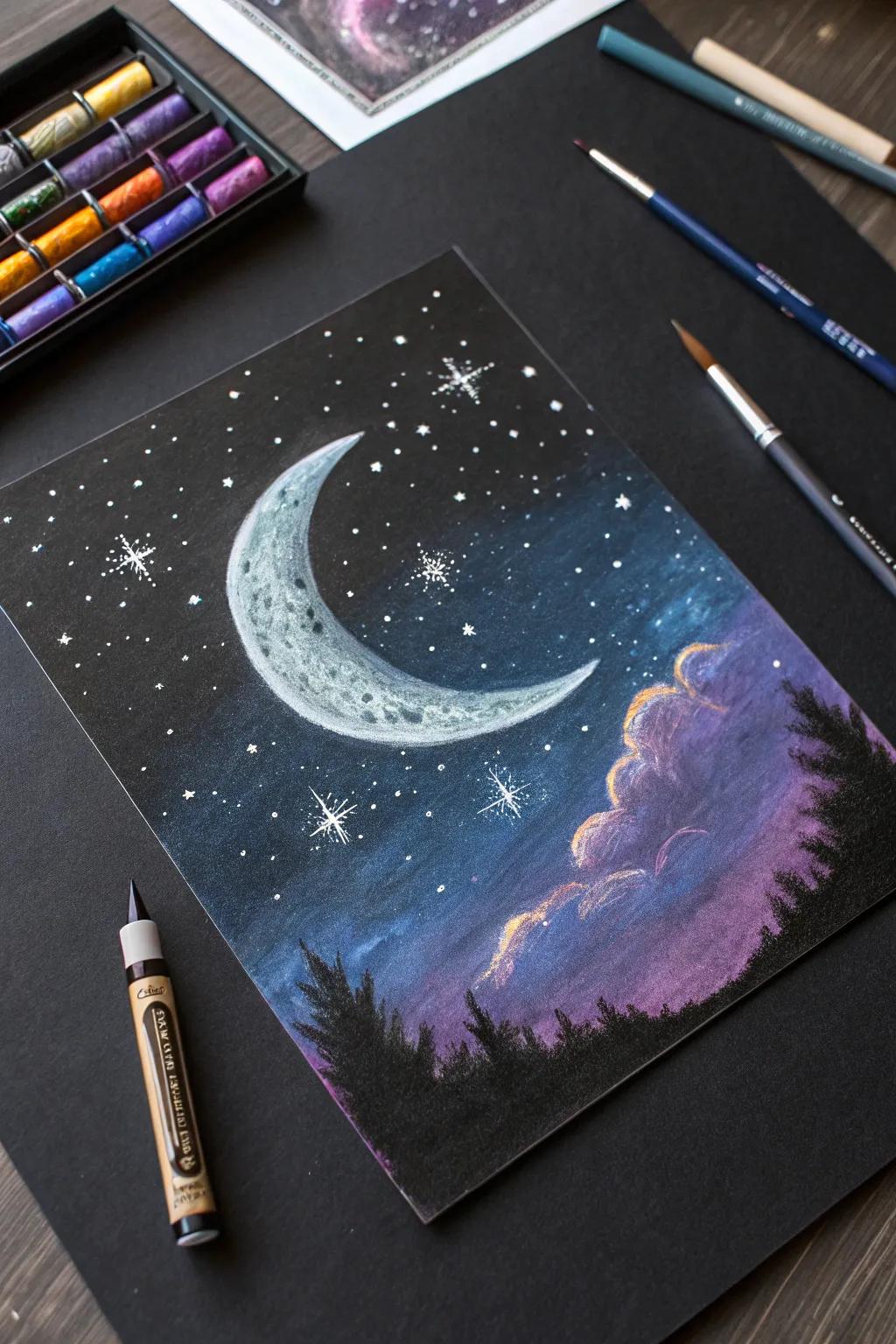 Dive into the enchanting beauty of a celestial night sky, where craftsmanship meets simplicity in a mesmerizing oil pastel creation.