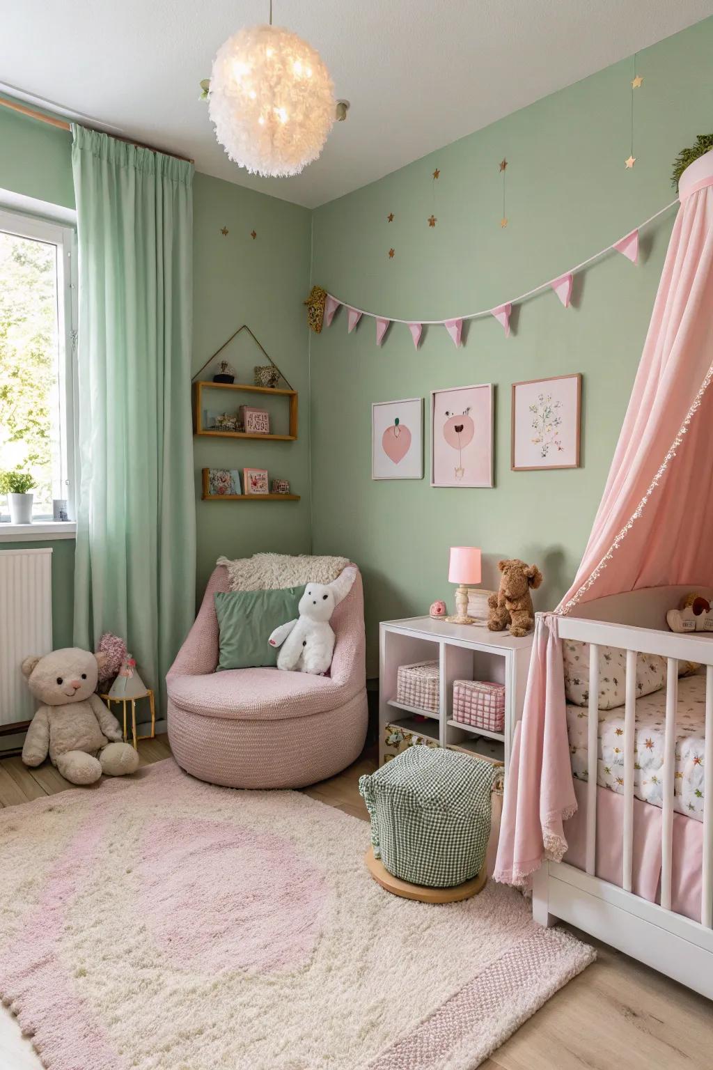 A nursery combining sage green with soft pink for a soothing ambiance.