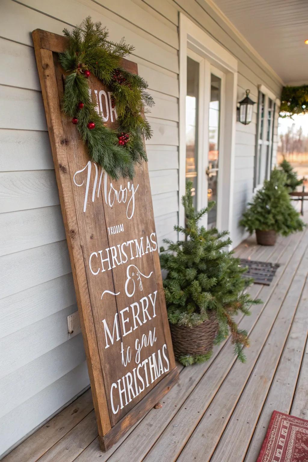 Add a personal touch with a rustic wooden Christmas sign.