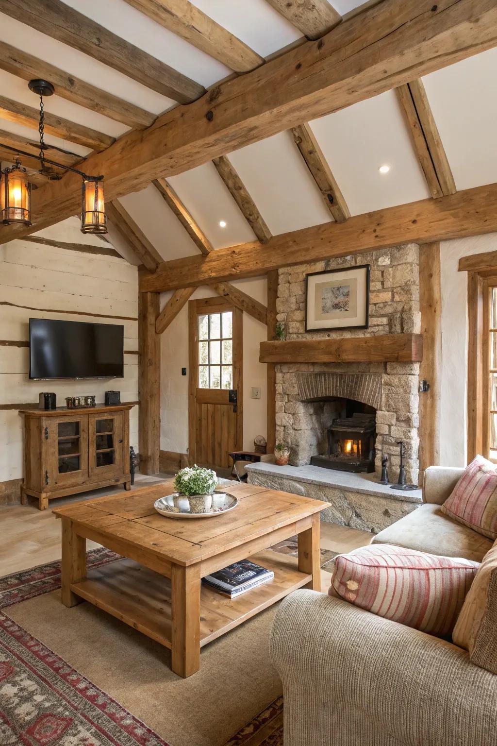 Wooden furniture adds warmth and history to a country living room.