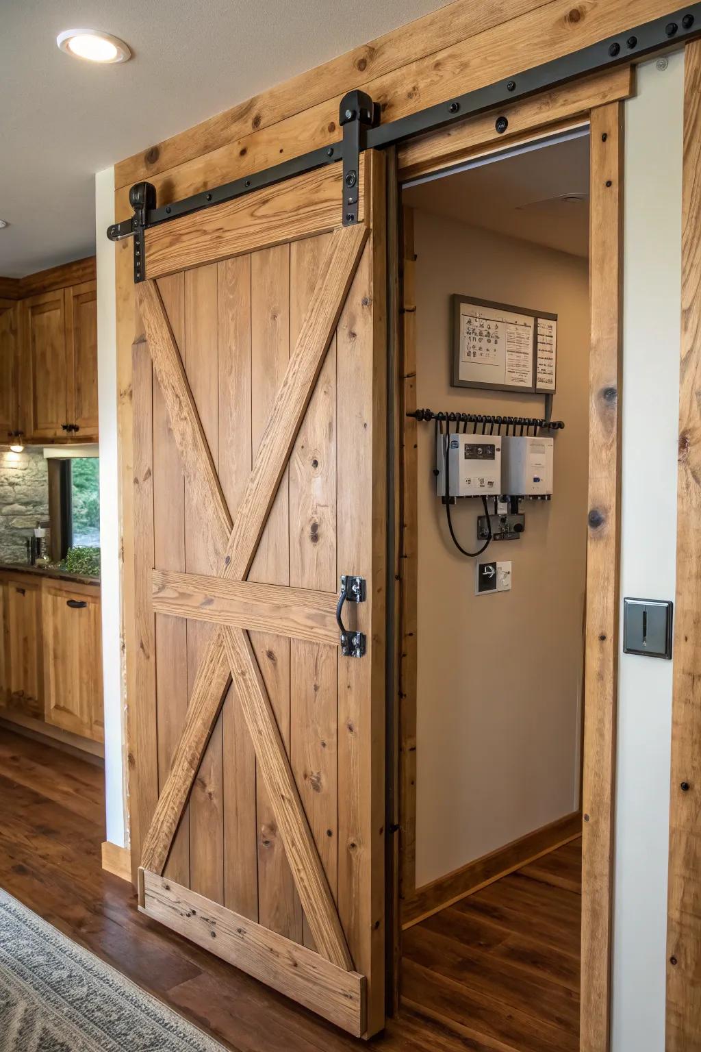 Elevate your space with rustic charm by concealing your electrical panel behind a stunning sliding barn door.
