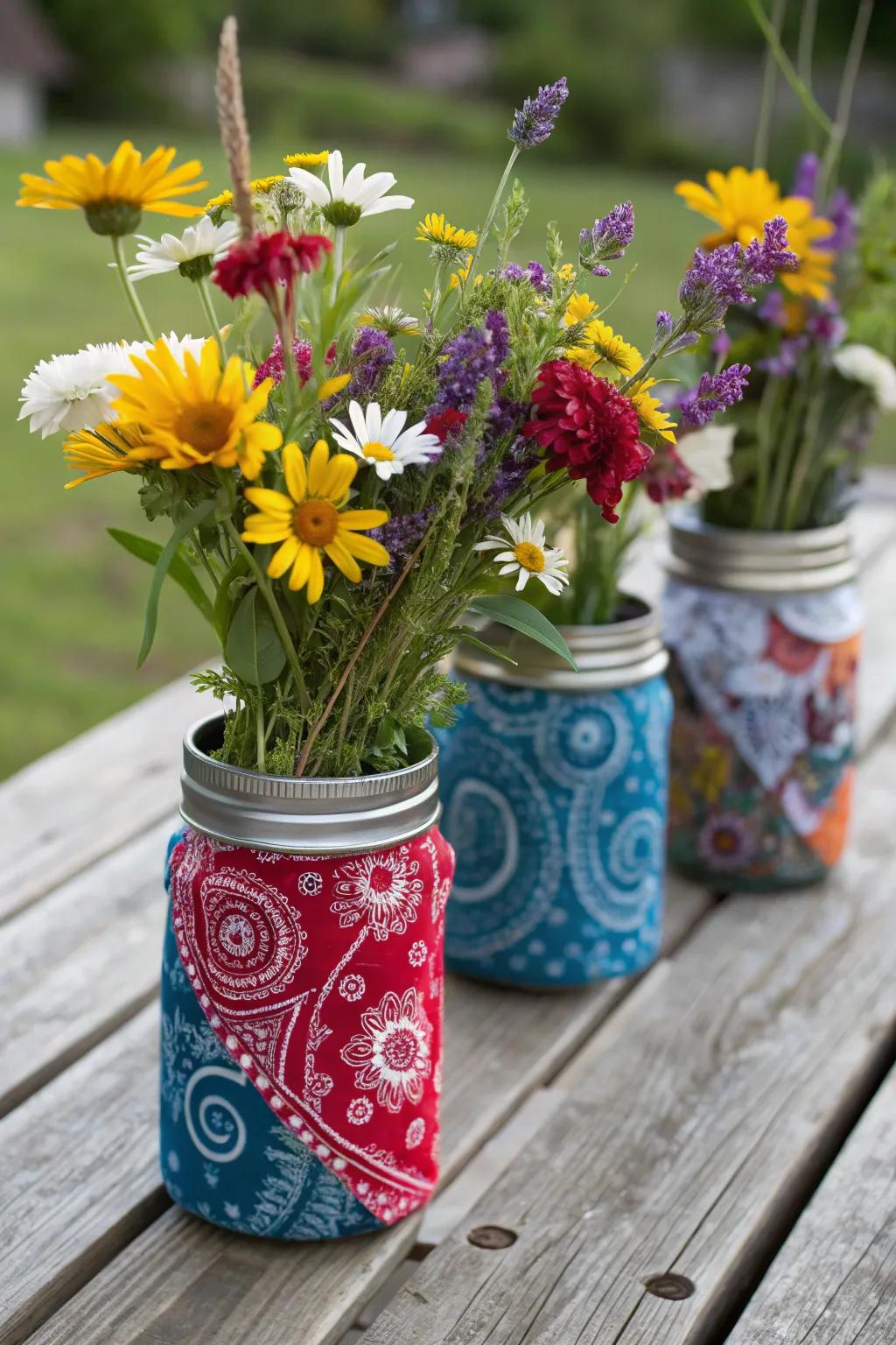 Mason jars wrapped in bandana fabric create a rustic cowgirl vibe.