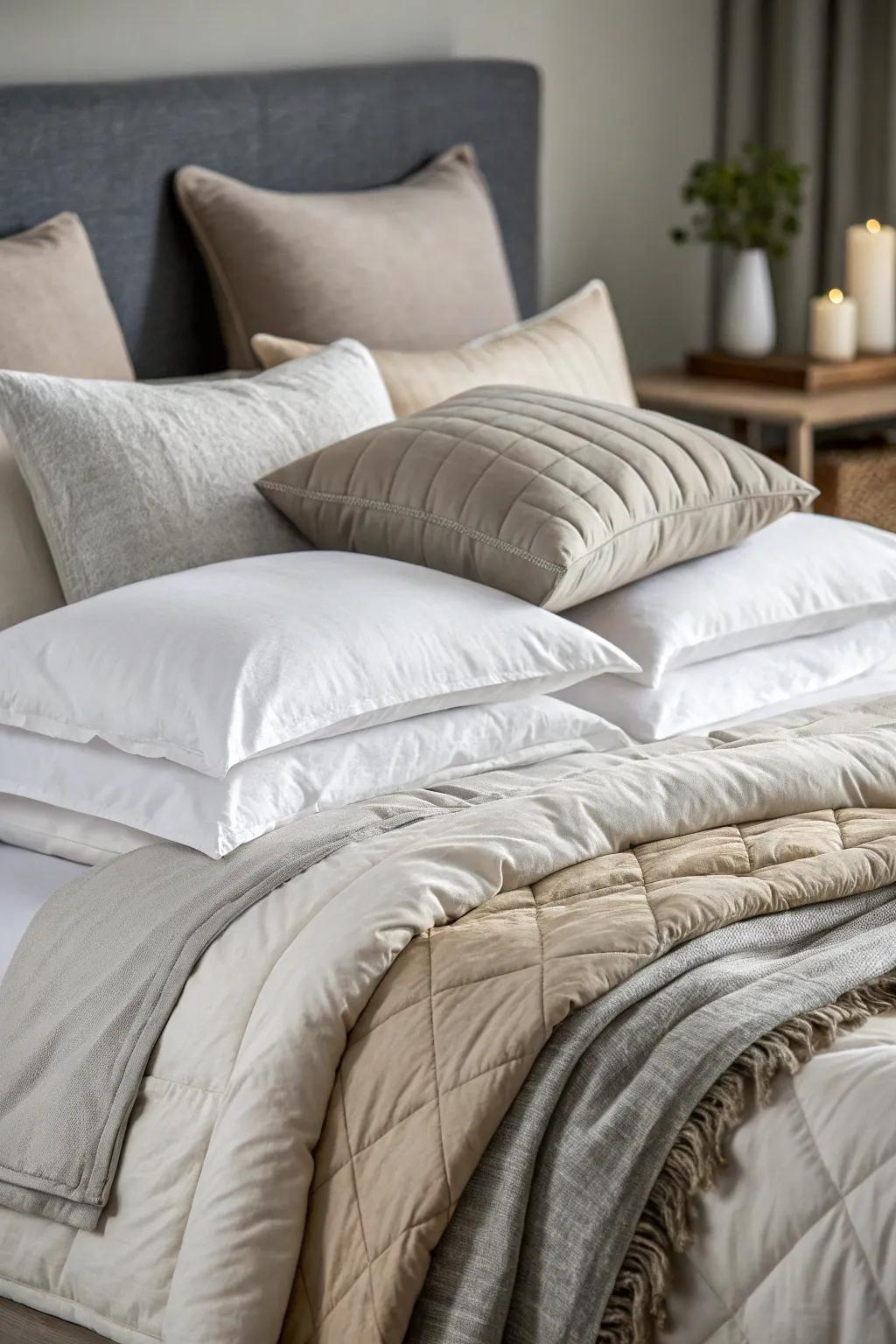 Layered bedding in soft, neutral tones creates a restful retreat.