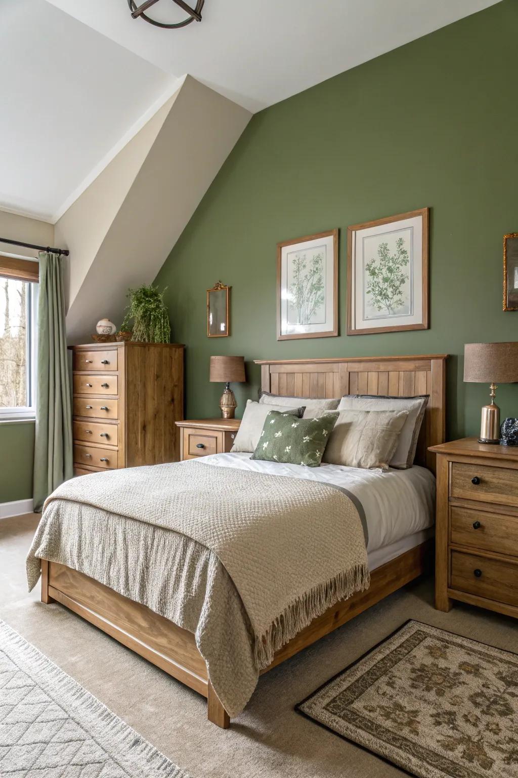 An olive green accent wall adds depth and character to your bedroom.