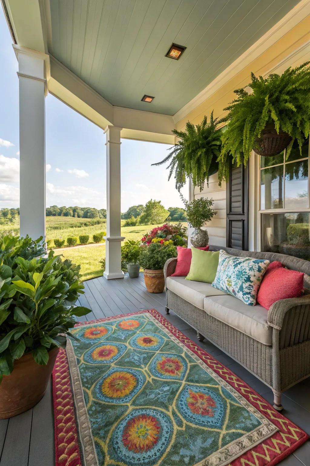 An outdoor rug adds warmth and defines the space.