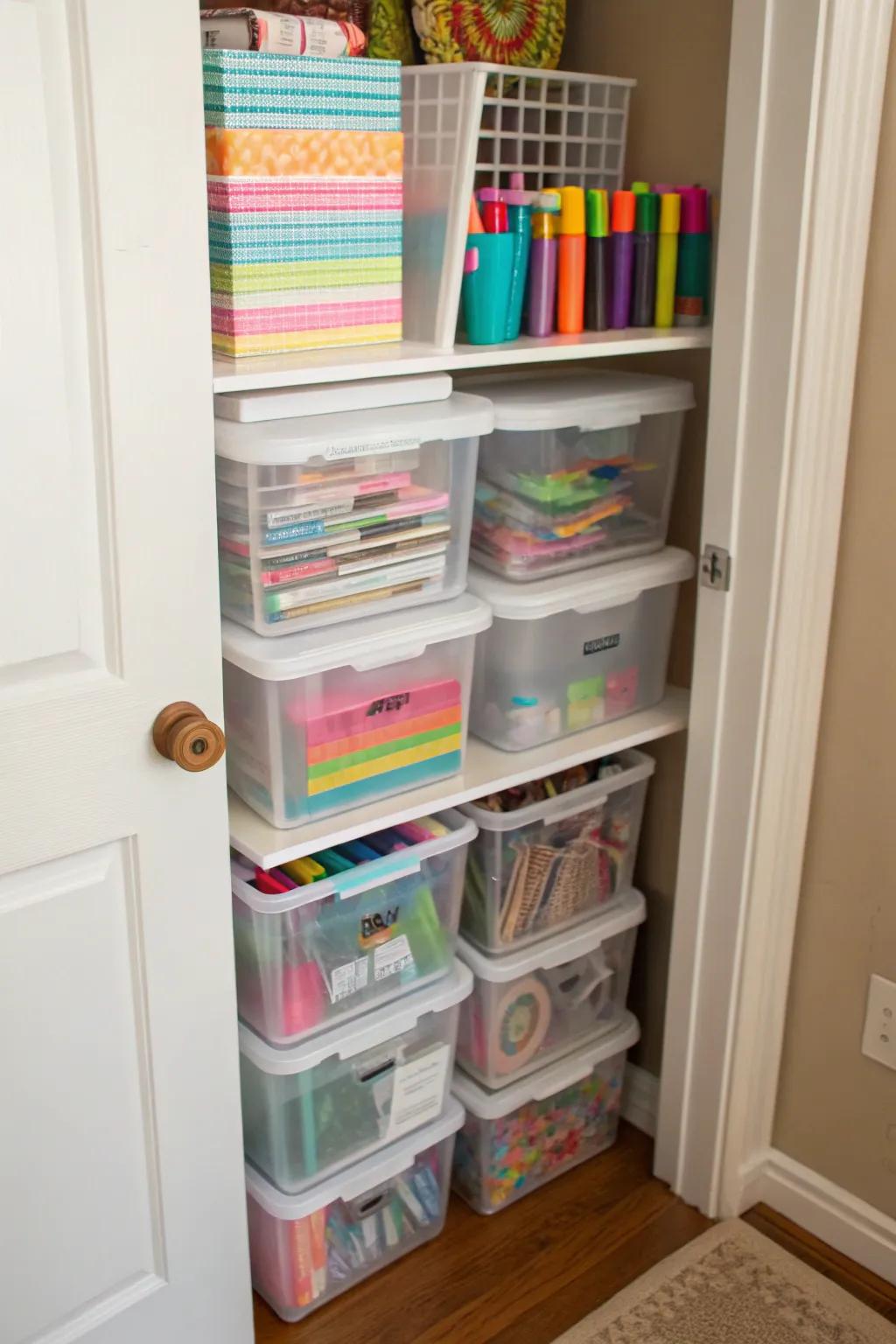 Clear bins make it easy to see and access your craft supplies.