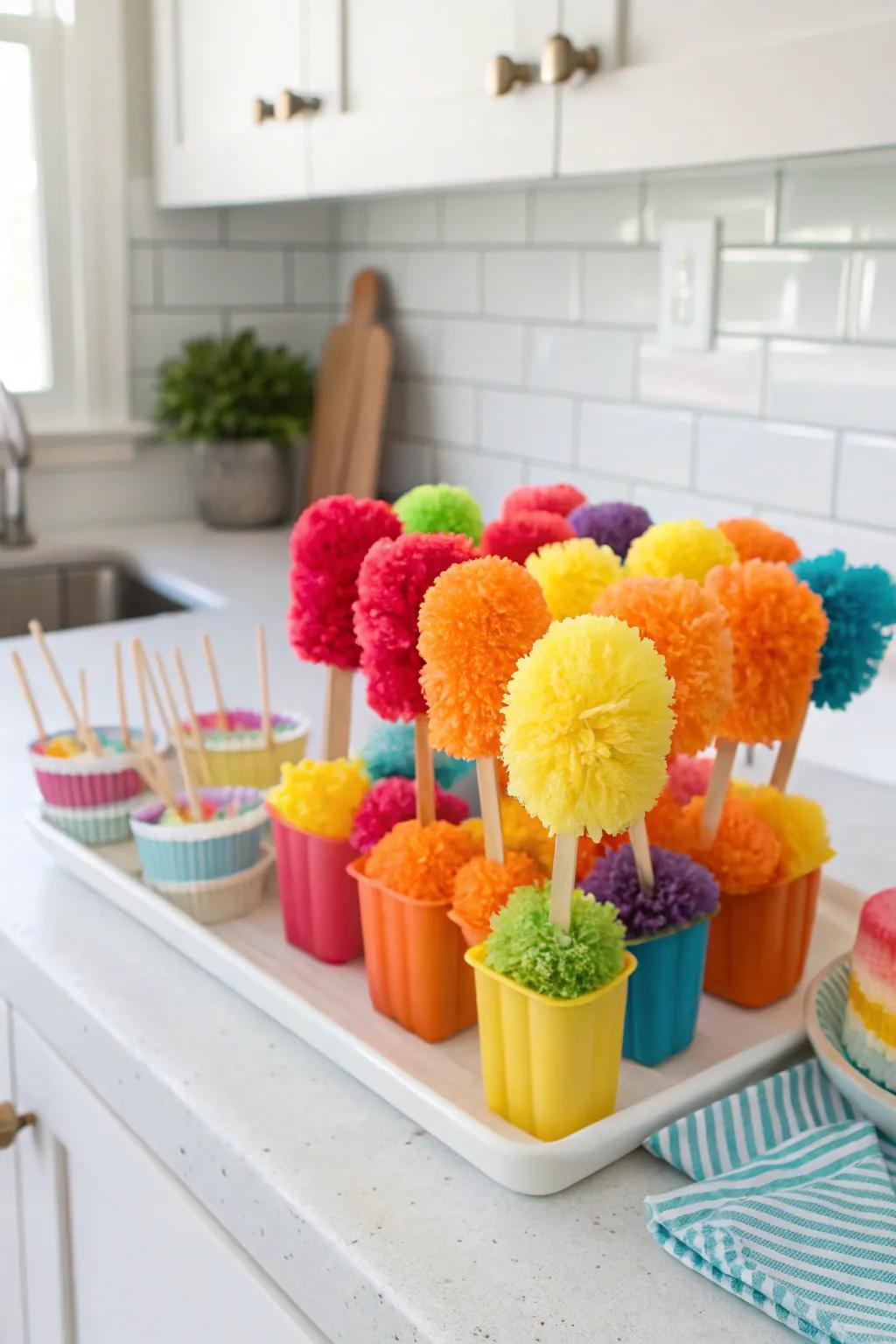 Colorful pompom ice pops ready to spark joy.