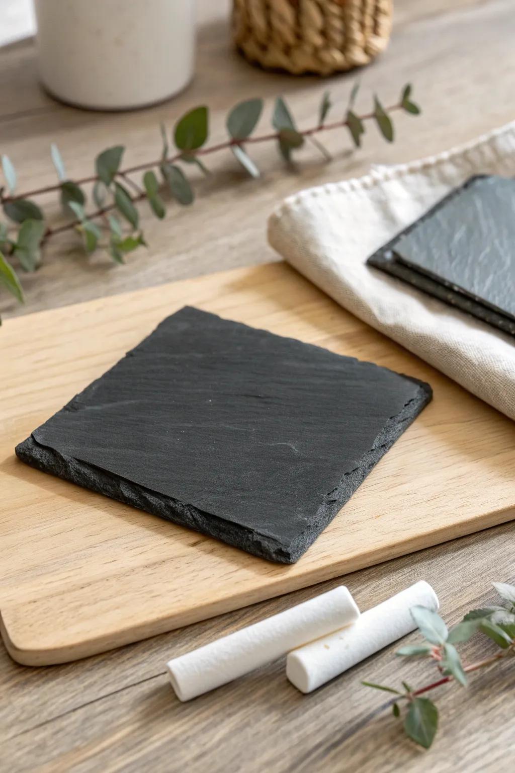 Add a playful touch to your table with personalized slate coasters. Perfect for messages and doodles!