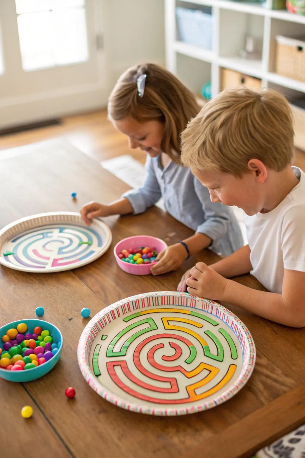 Children engrossed in their handmade paper plate marble mazes.