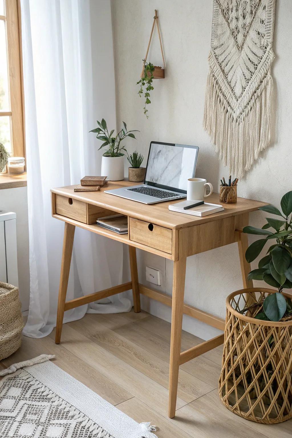 Transform any small space into a creative haven with a compact desk that blends minimalist design and boho charm.