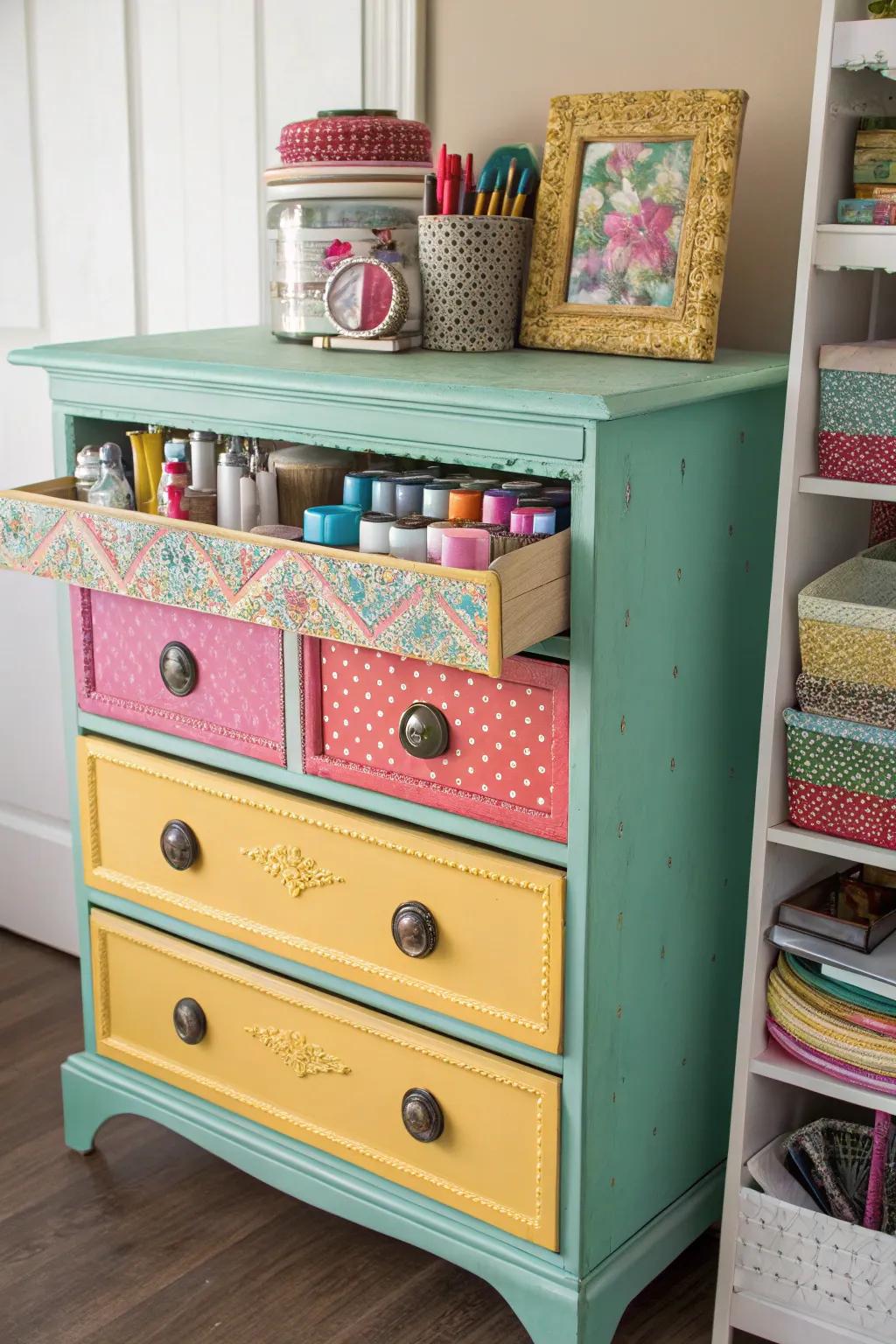 Repurposed vintage dresser for stylish craft storage.