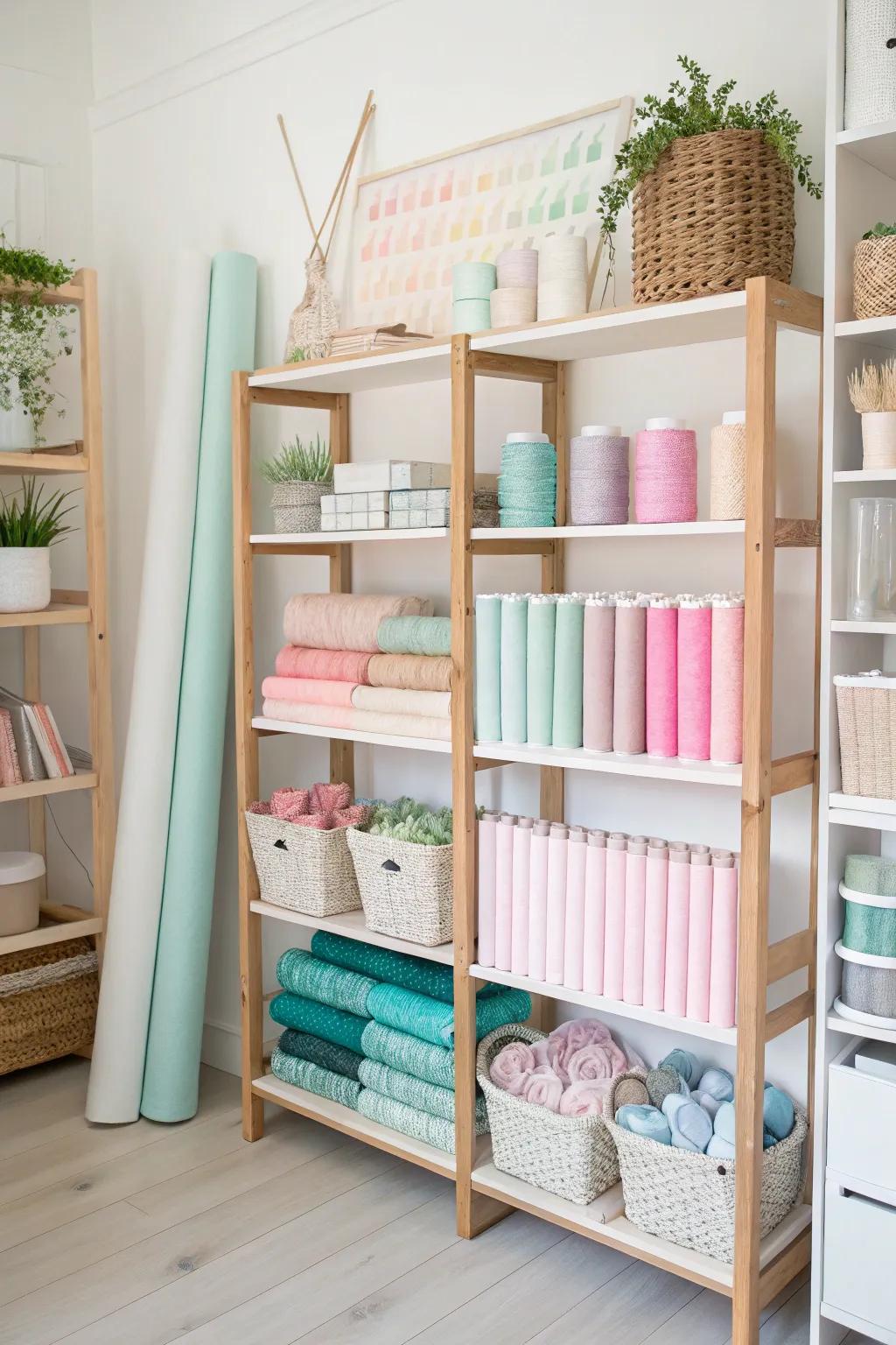 Transform your craft space with color-coded shelving for both organization and inspiration. 🌿✨ #CraftStudio #ScandinavianDesign #BohoChic