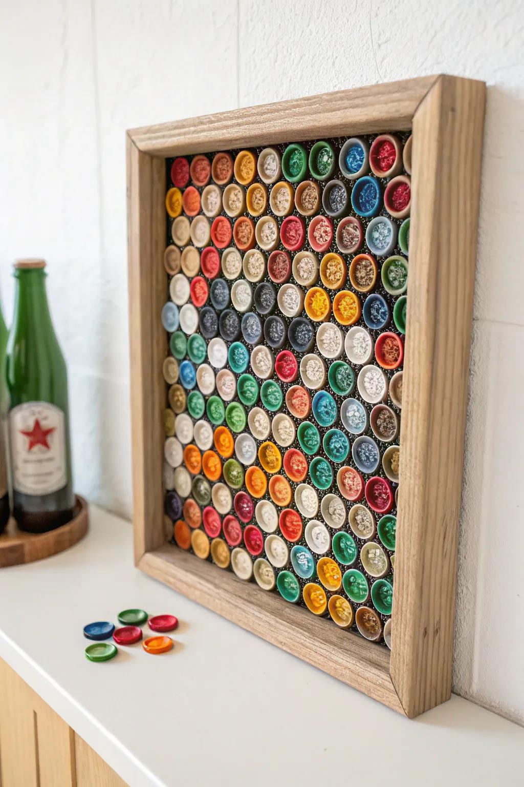 Transform everyday bottle caps into stunning mosaic art that brings vibrancy and charm to any space.