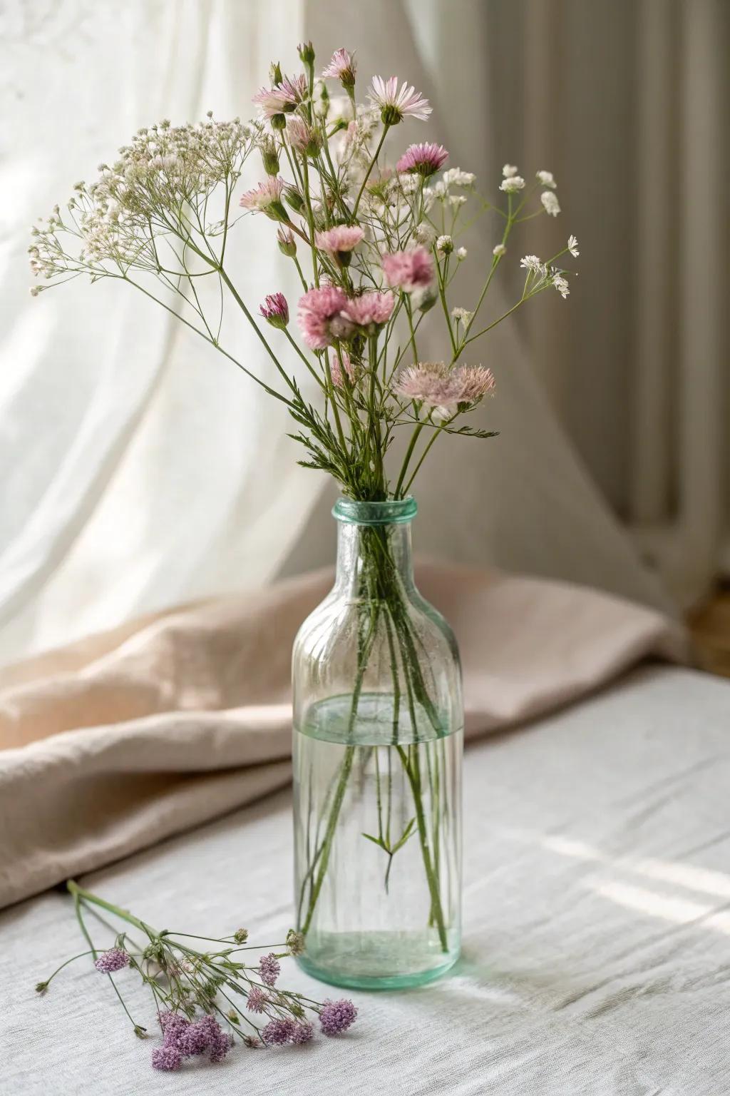 Transform glass bottles into charming vases for a touch of natural elegance.