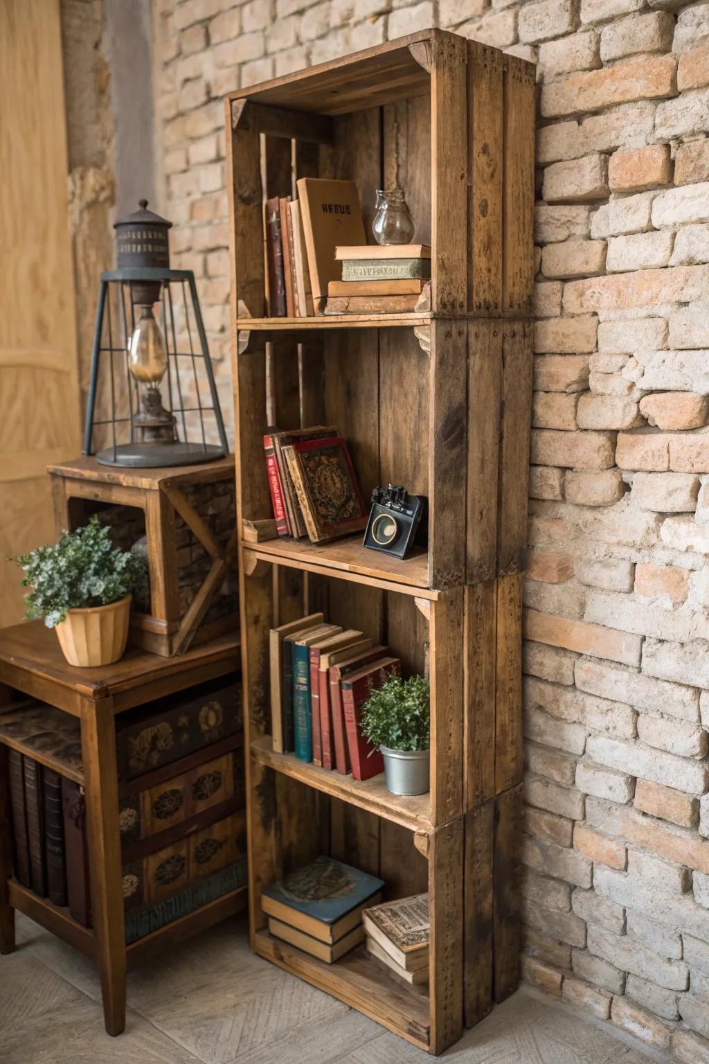 Transform crates into a rustic bookshelf that exudes charm and craftsmanship.