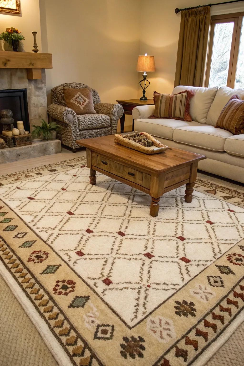 Layered rugs add texture and depth to a living room with a cream carpet.