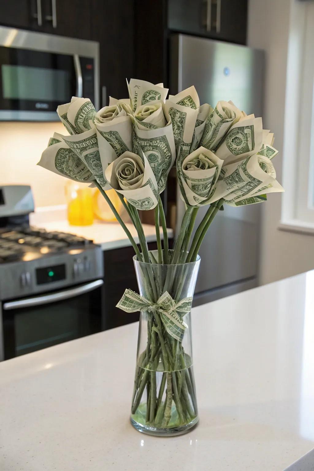 A stunning money bouquet with bills folded into flower shapes.