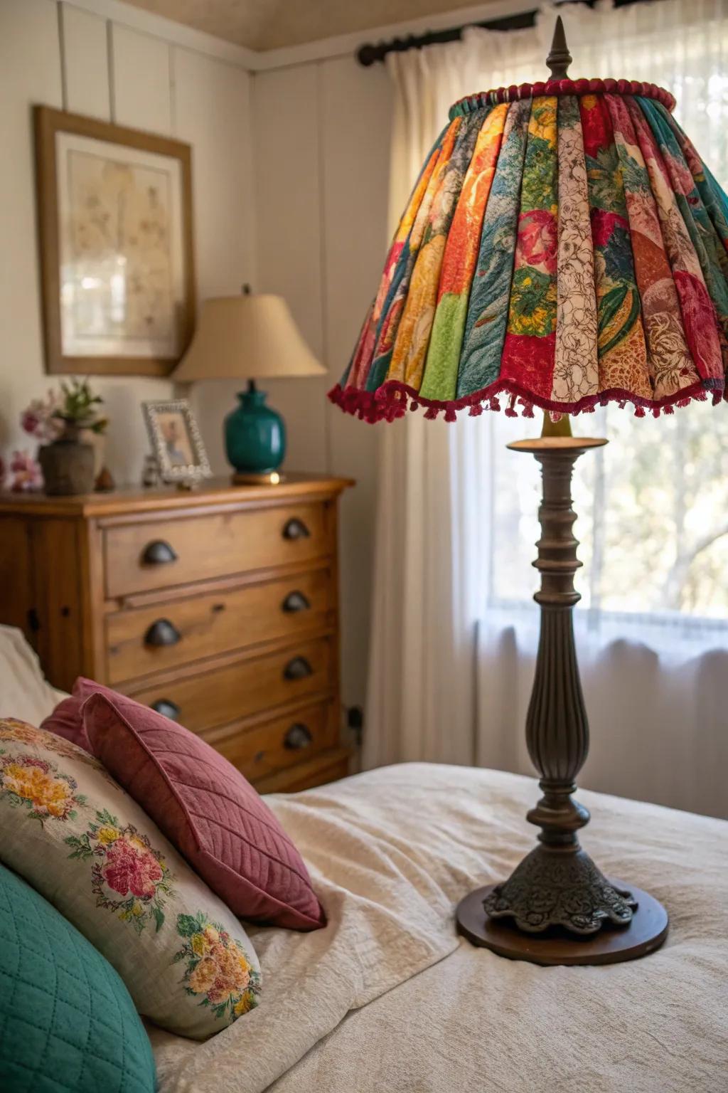 A lamp shade covered with vibrant fabric, adding warmth to the bedroom.