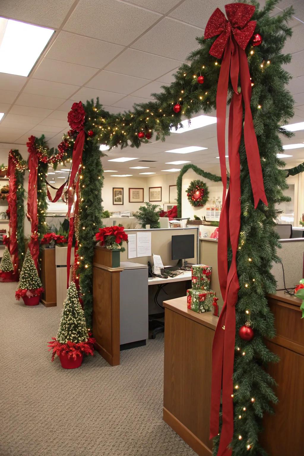 Classic Christmas decorations bring elegance and warmth to any office space.