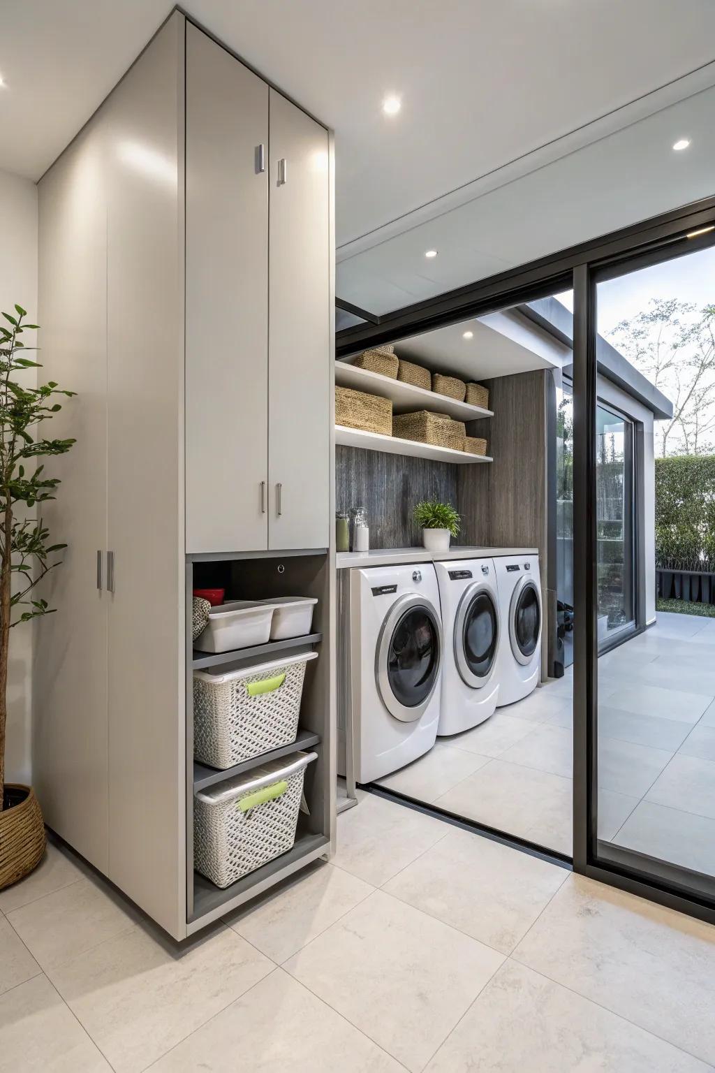 Cabinetry that discreetly hides laundry hampers for a clean look.