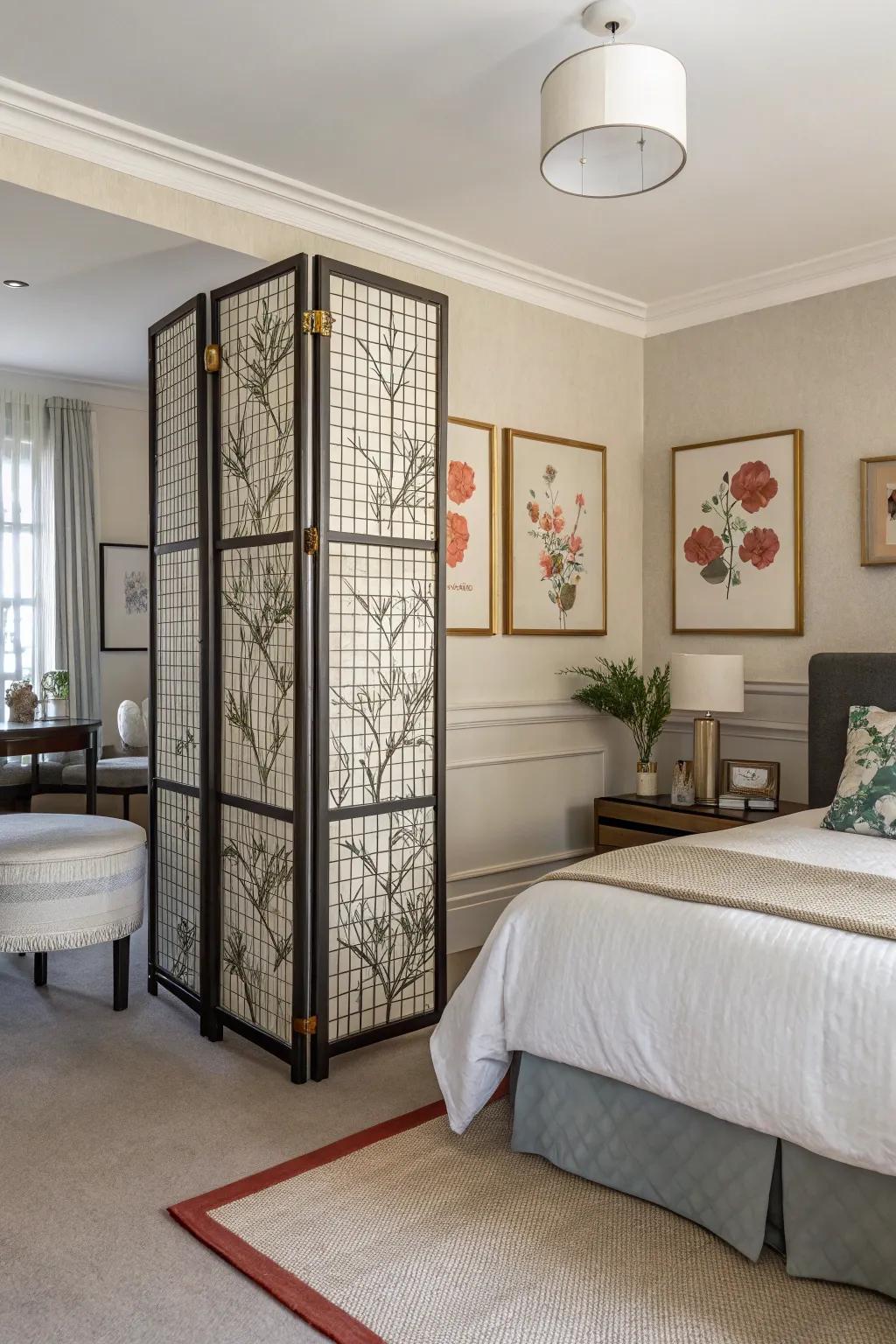 A folding screen elegantly dividing a shared bedroom into two distinct areas.