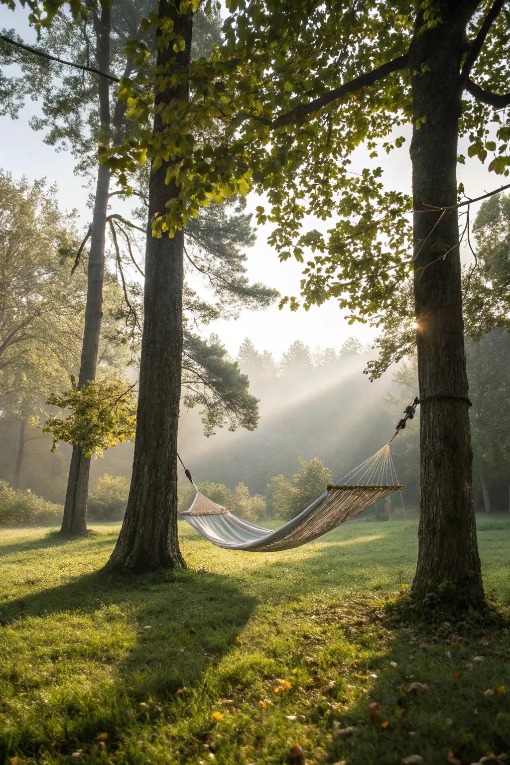 A hammock perfectly nestled between two trees, creating a peaceful woodland retreat.