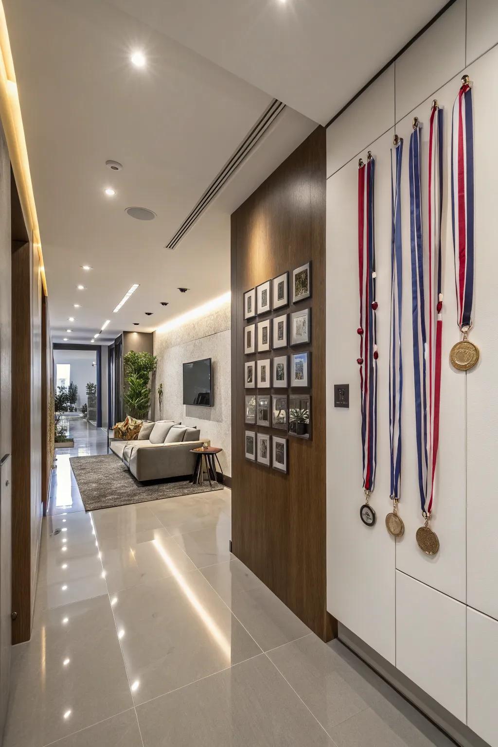 A wall dedicated to displaying medals creates a motivational focal point at home.