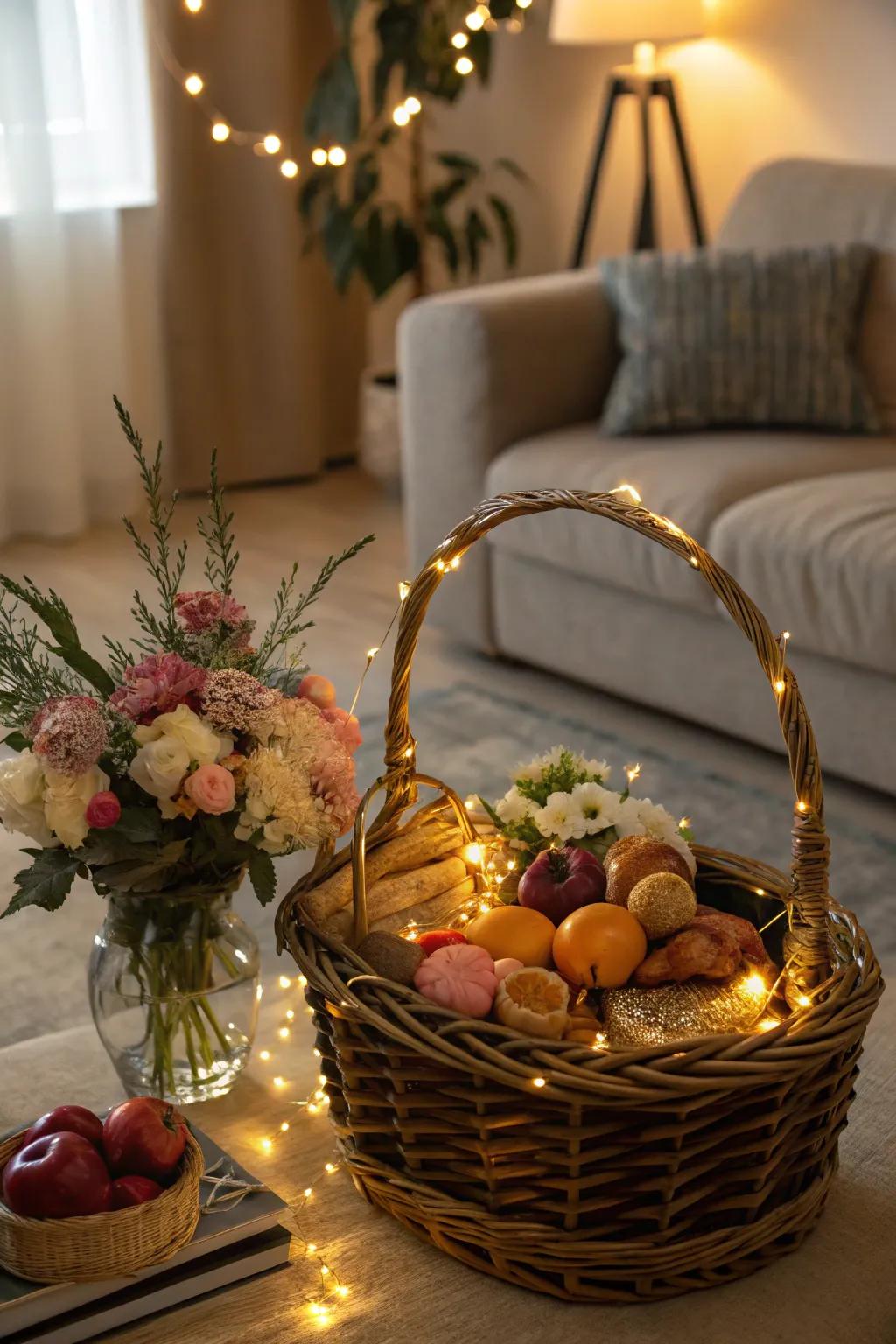 A magical woven basket wrapped with enchanting twinkle lights.