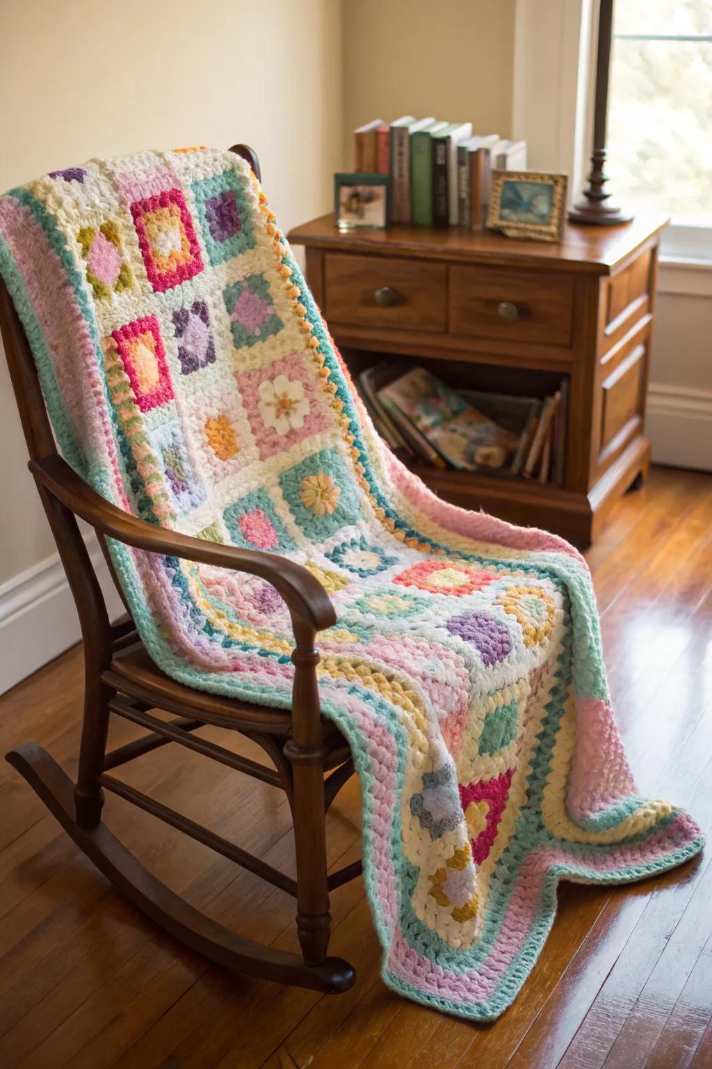 A classic granny square blanket adds a splash of nostalgia to your home decor.