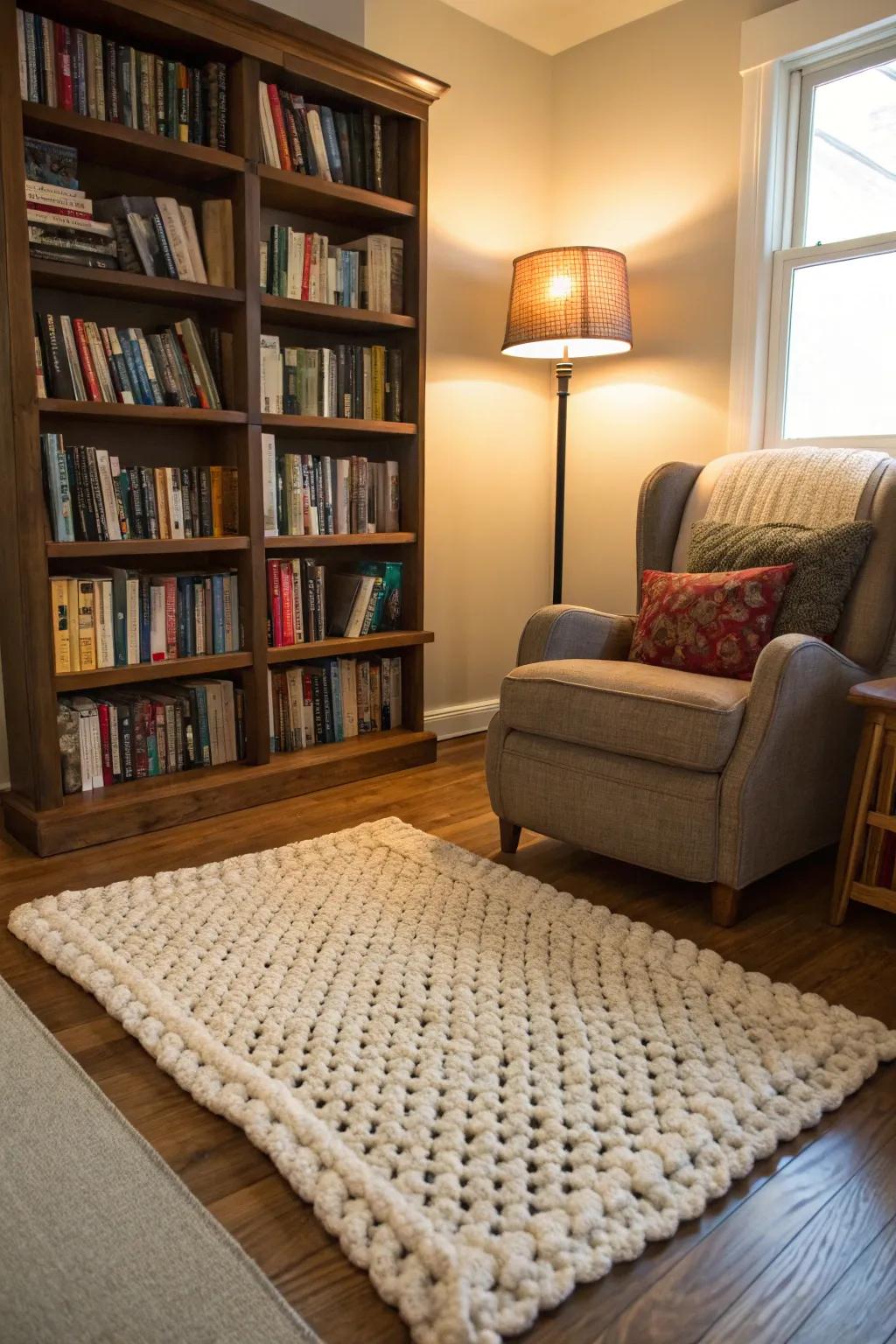 A chunky wool crochet rug in a cozy reading nook.