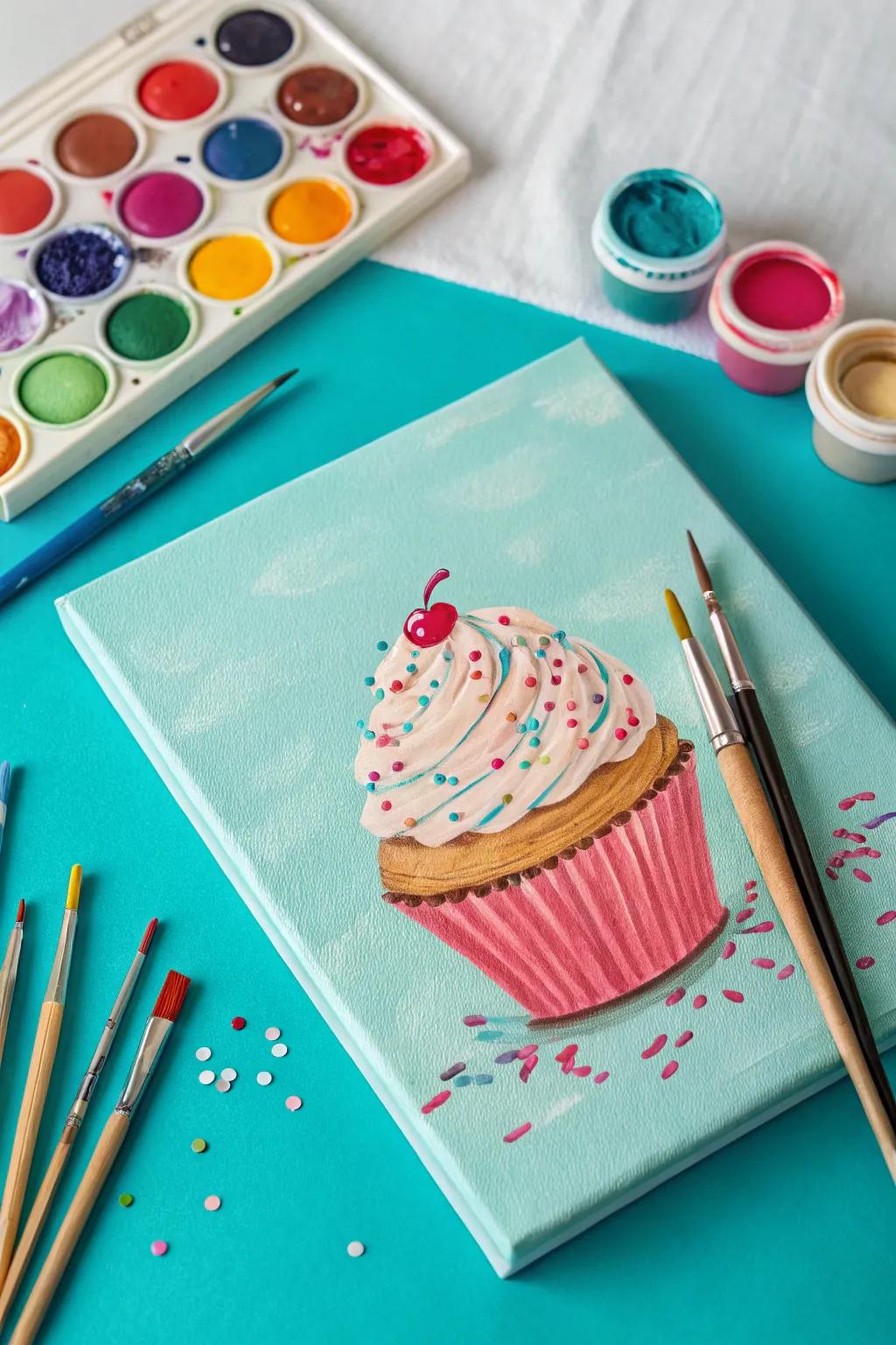 A bright aqua background makes the cupcake the star of the show.