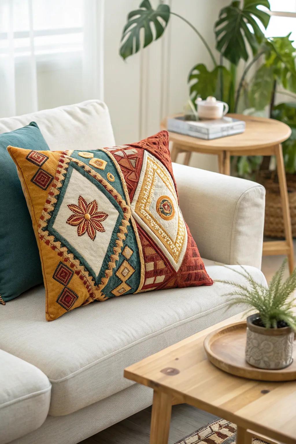 Add a pop of color and artistry to your space with custom embroidered geometric patterns.