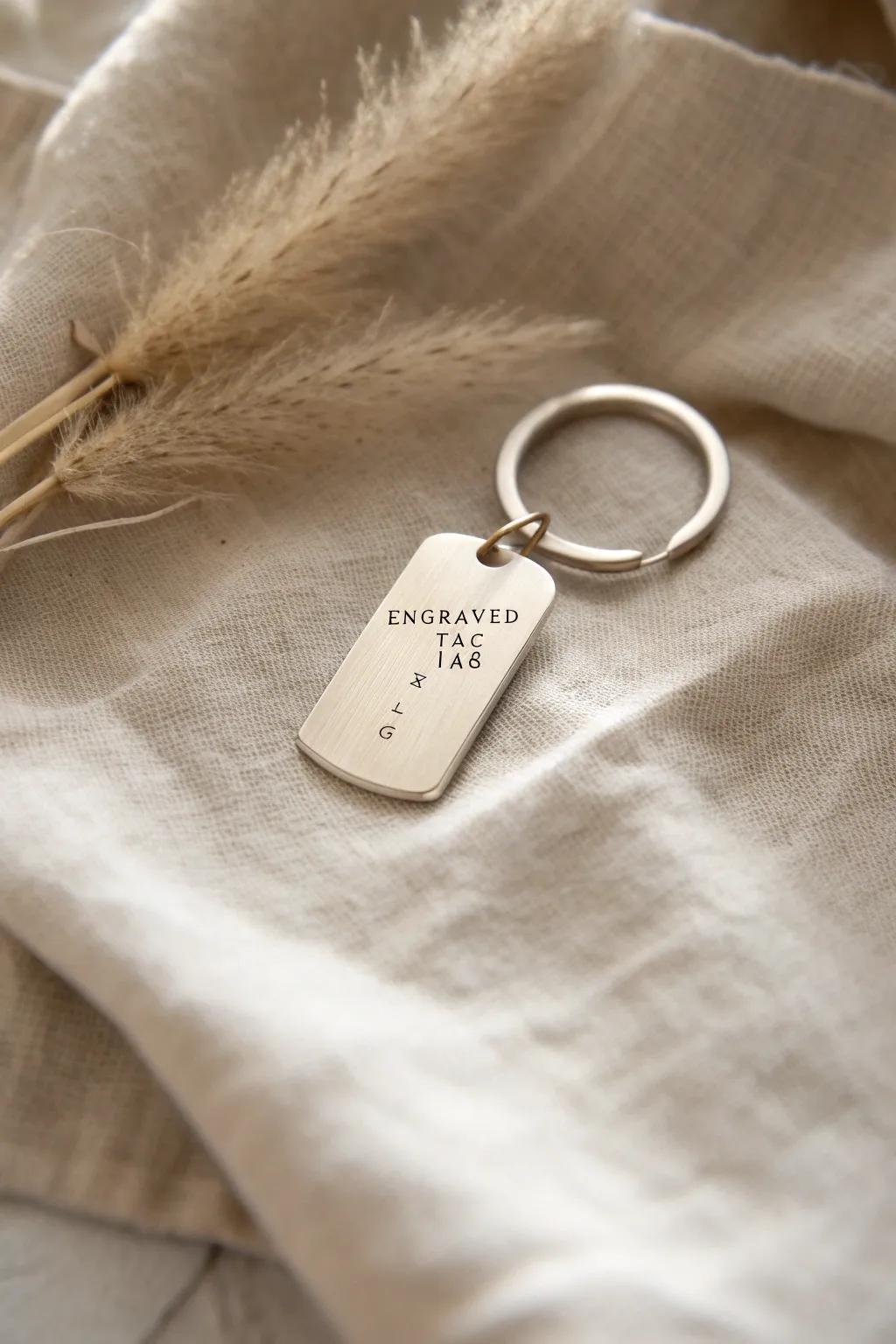 Minimalist elegance meets heartfelt sentiment with engraved metal keychains.