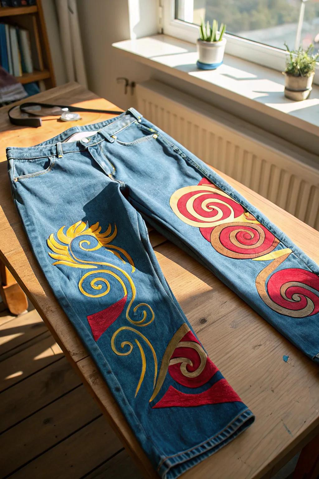 Jeans transformed into a canvas with vibrant painted designs.