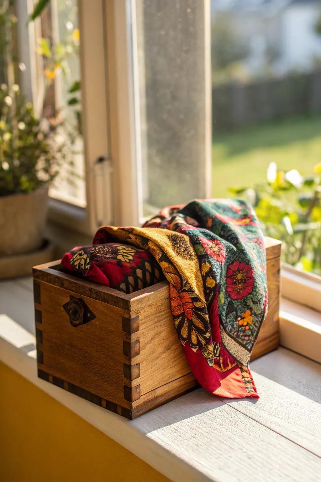 A wooden box beautifully covered with vibrant fabric.