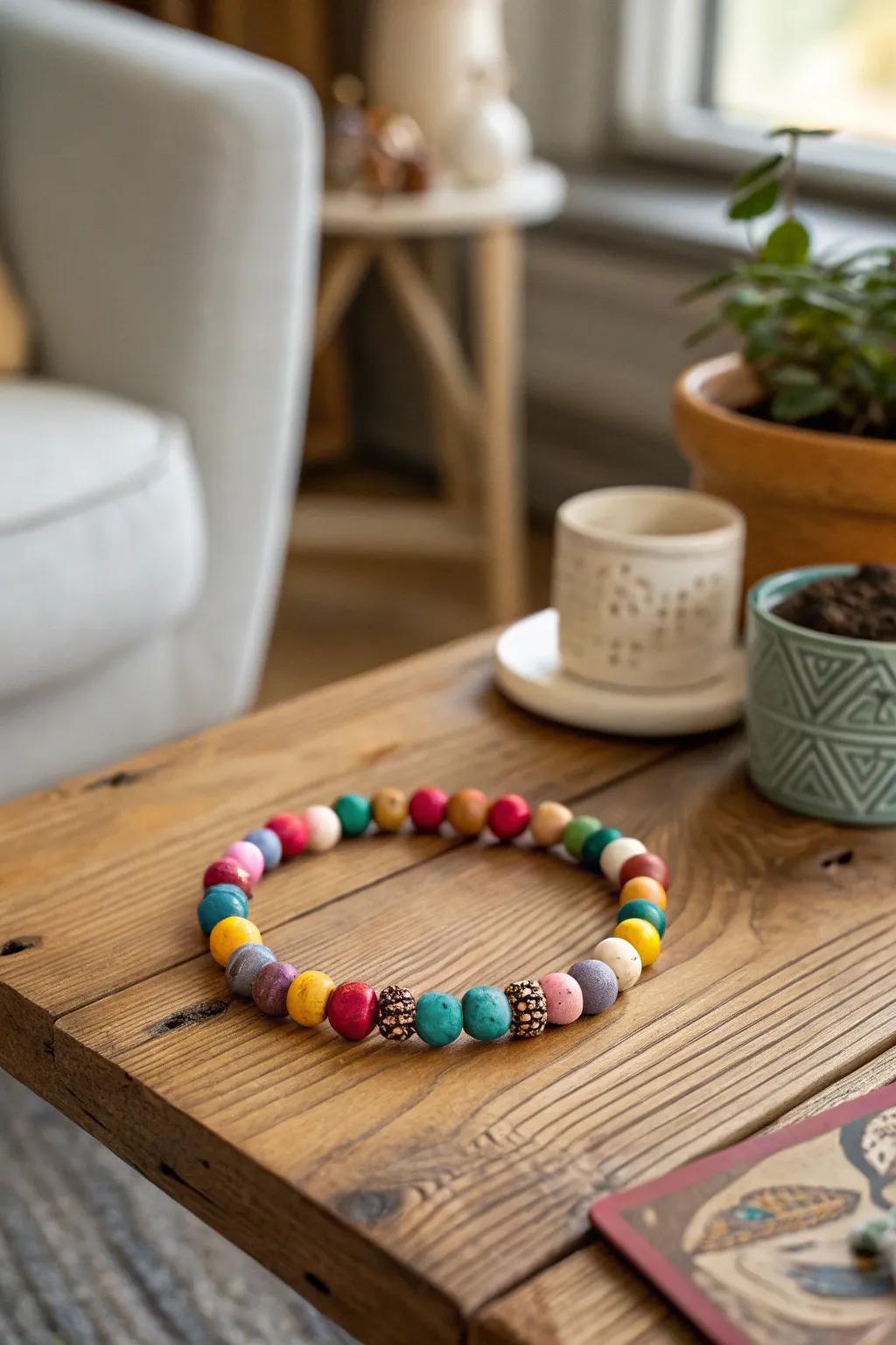 A vibrant clay bead bracelet, perfect for adding a pop of color to any outfit.