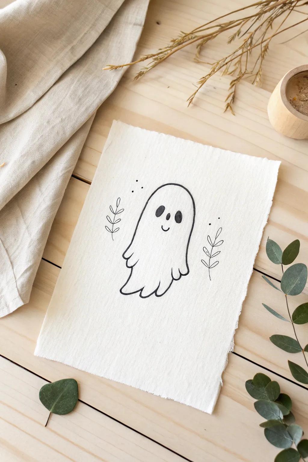 Embrace whimsy with this minimalist floating ghost drawing, perfect for adding a touch of ethereal charm to your space.