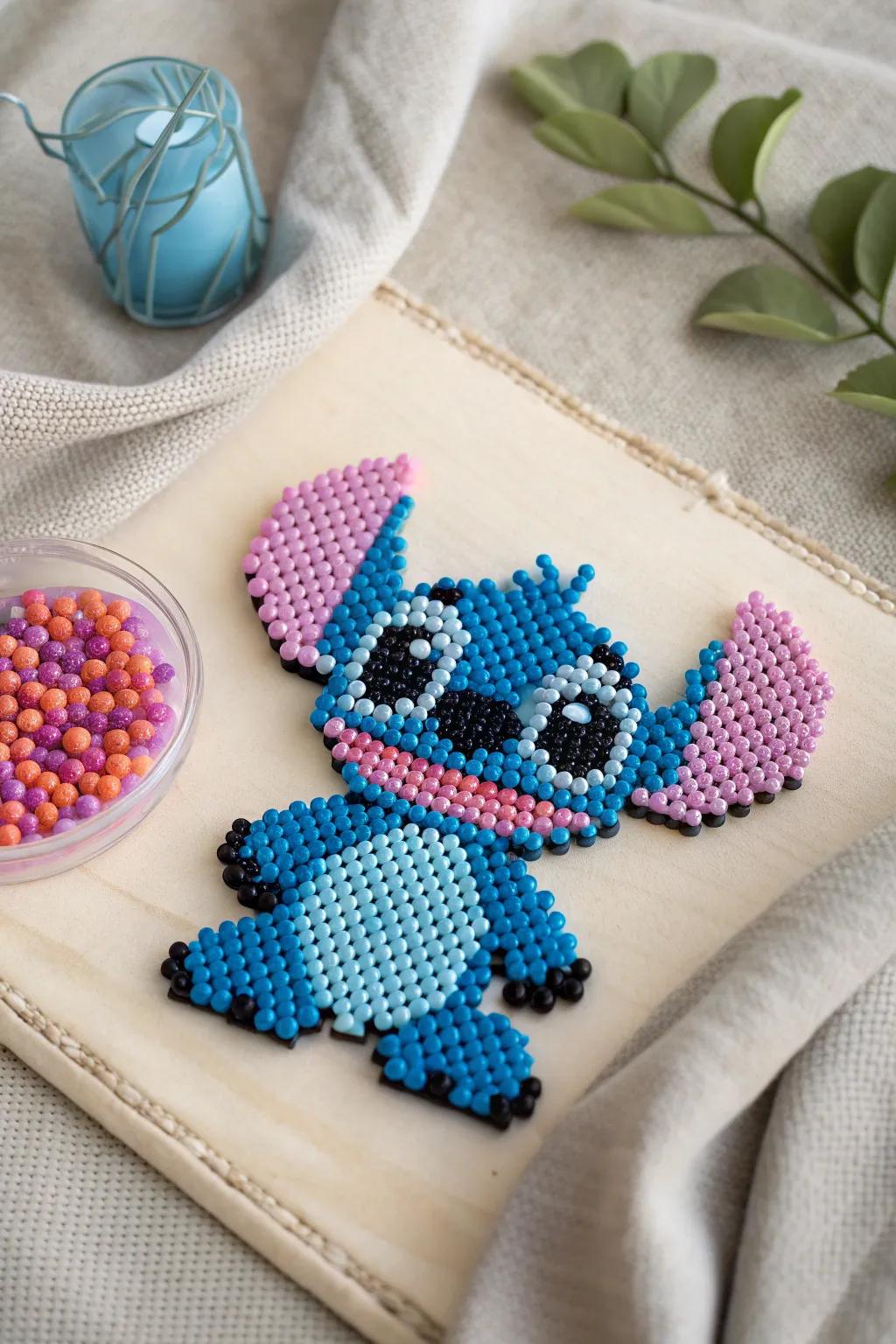 Add a playful pop of color to your space with this charming Stitch bead portrait, embracing simplicity and vibrant craftsmanship.